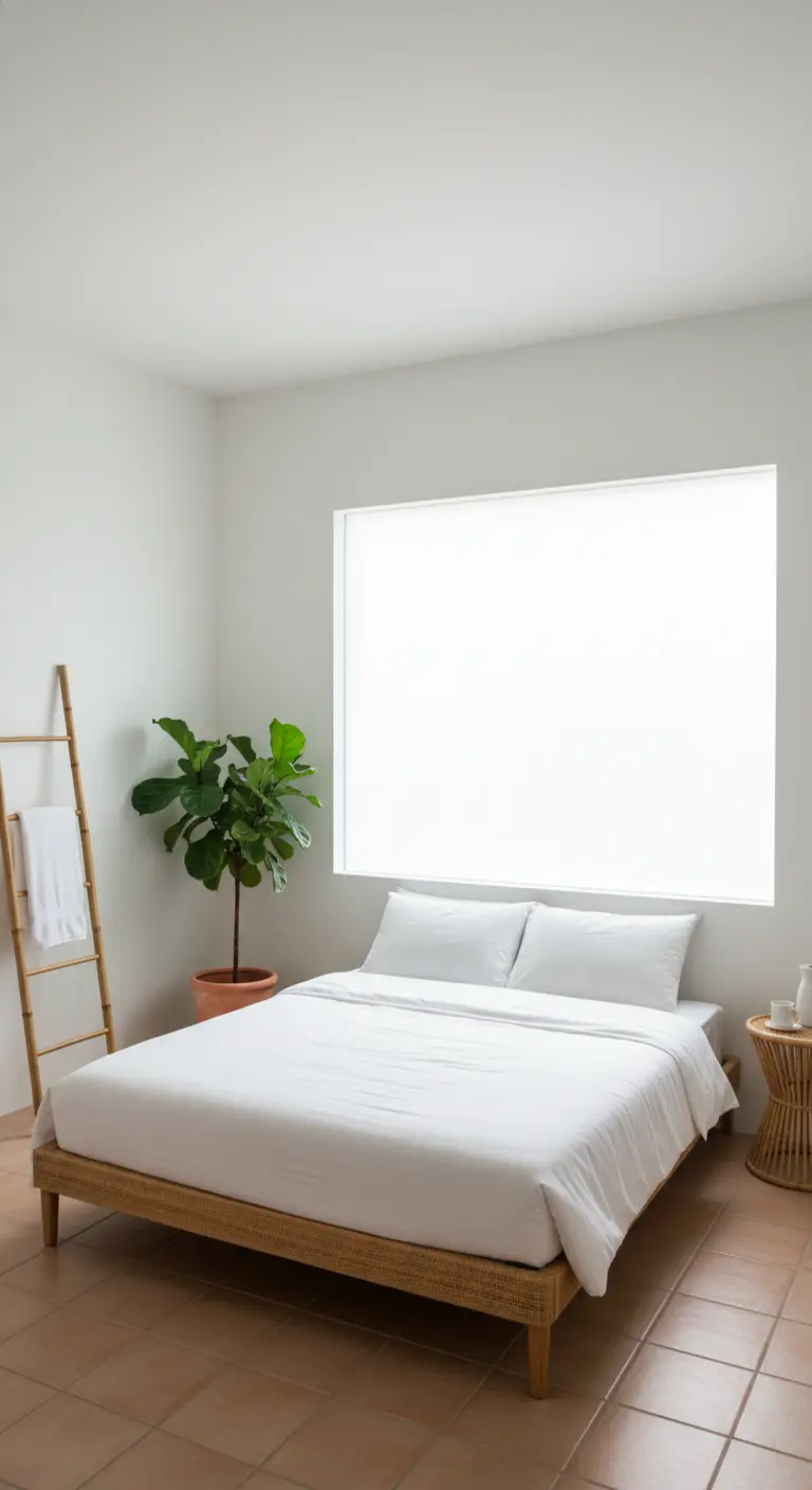 Camera minimalista con letto in rattan, pavimento in cotto e una grande finestra luminosa.