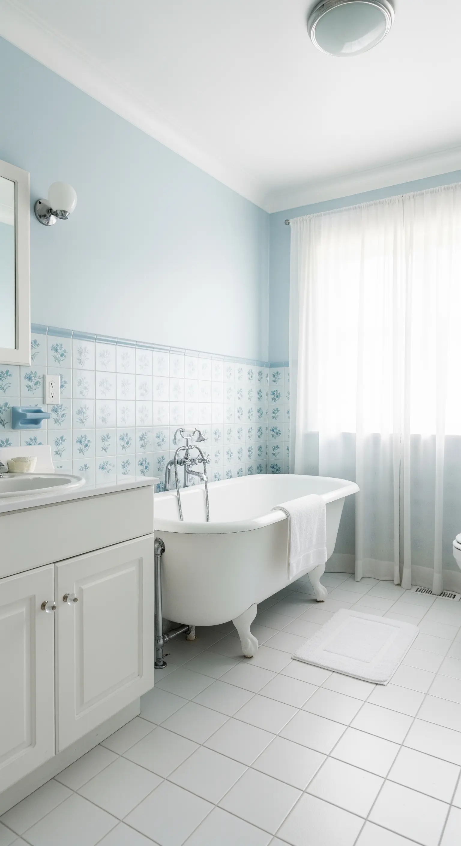 Bagno luminoso con pareti azzurro polvere e piastrelle a motivi floreali.