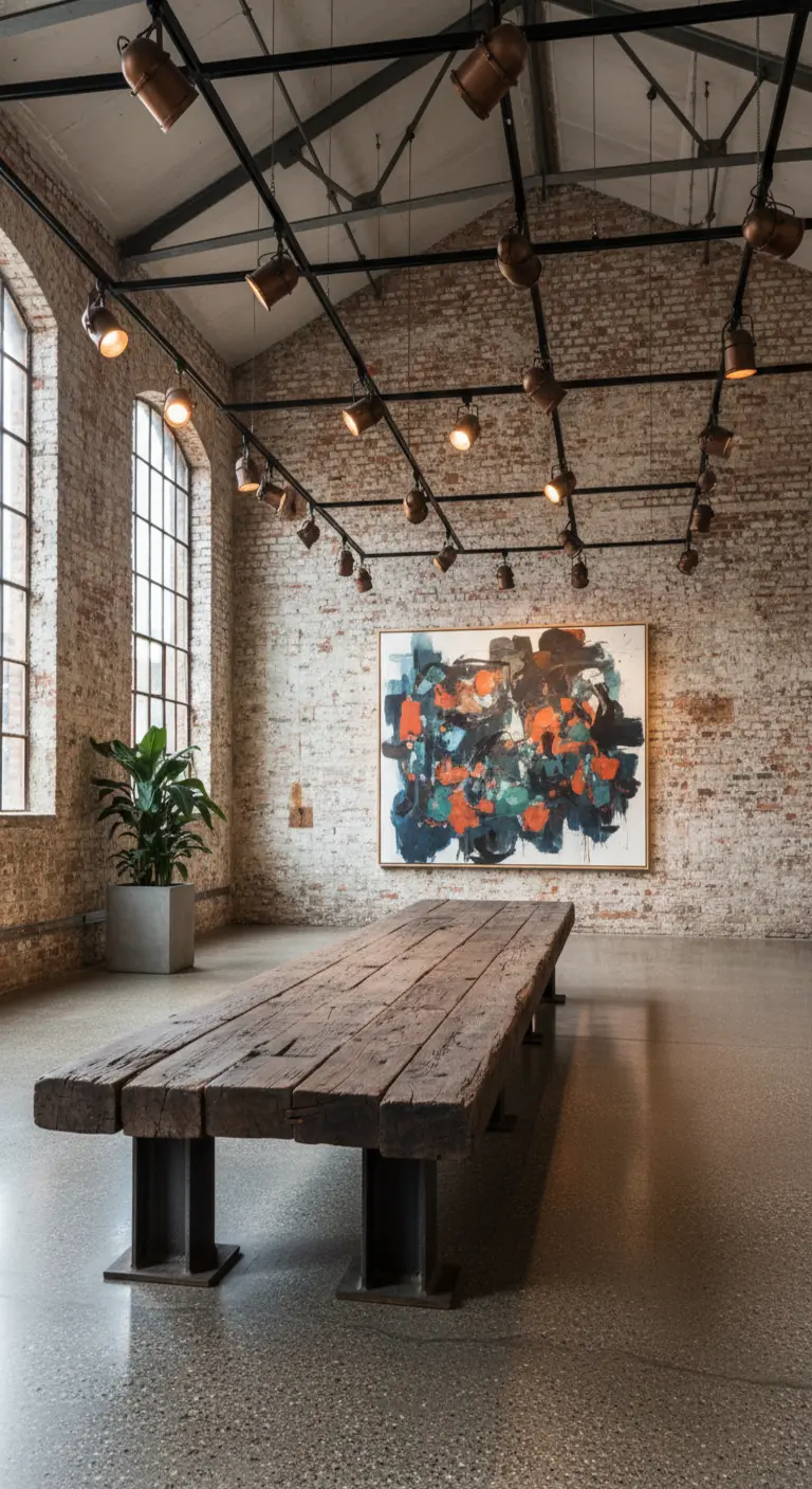 Loft con panca imponente in legno di recupero e illuminazione a binario.