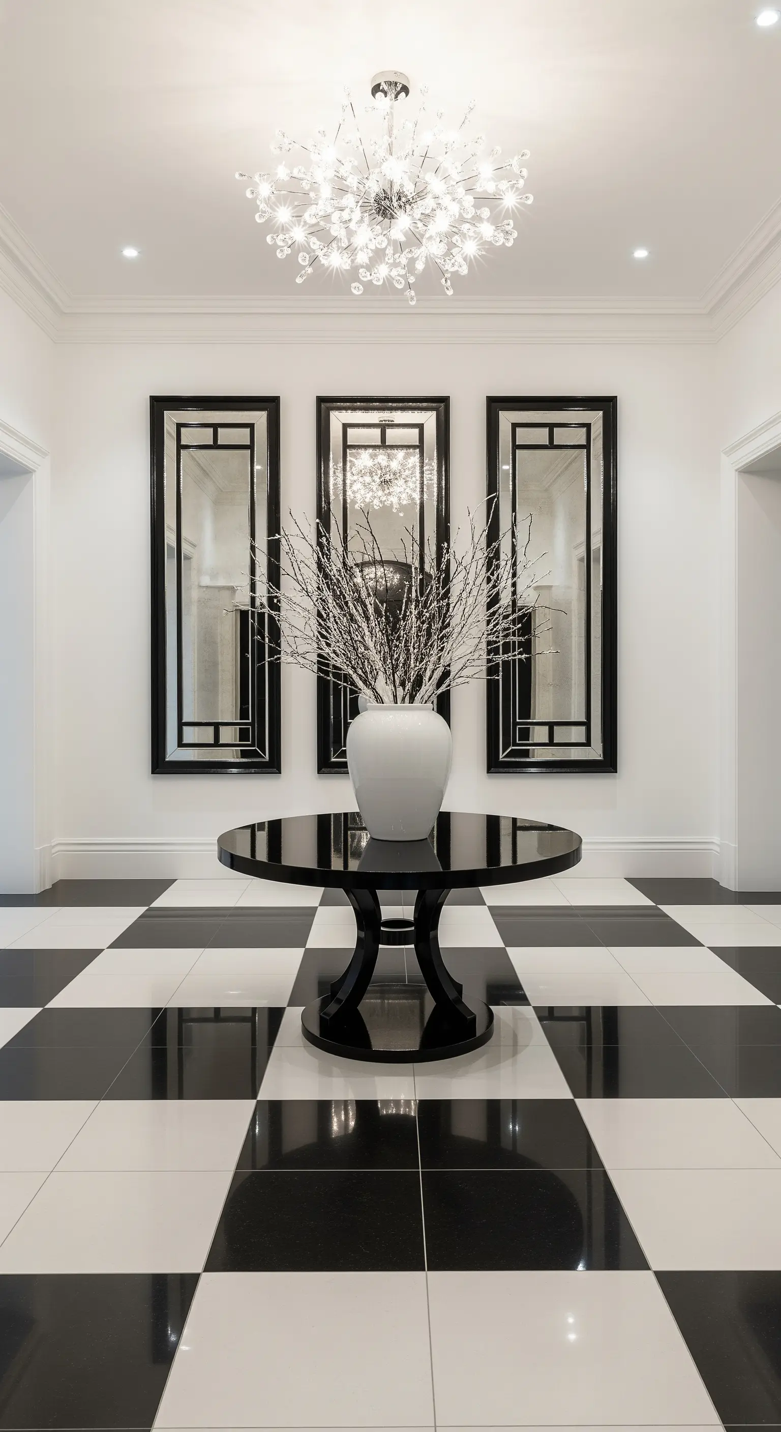 Ingresso con pavimento a scacchiera, tavolo rotondo nero centrale e tre specchi verticali sulla parete.