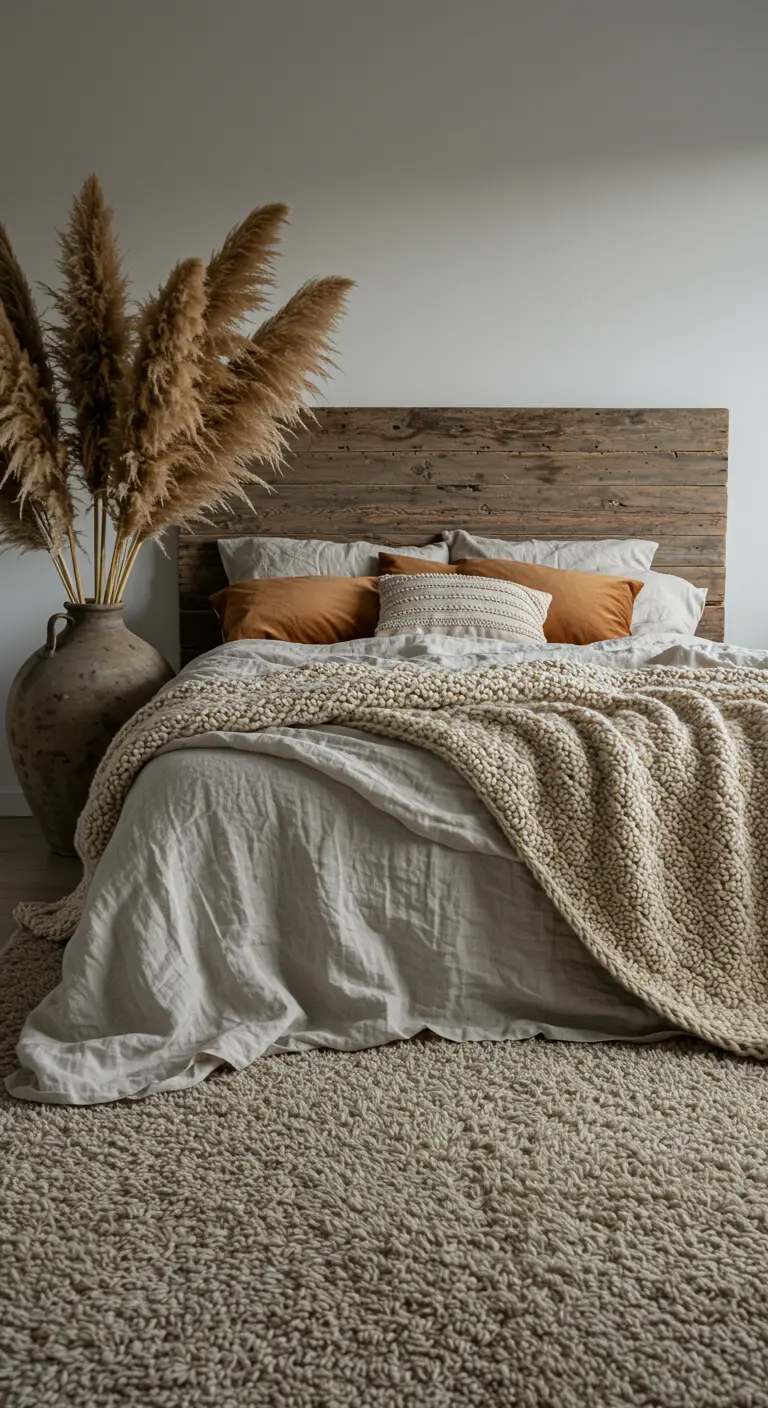 Letto con testiera in legno di recupero grezzo e coperta bouclé in una stanza neutra.