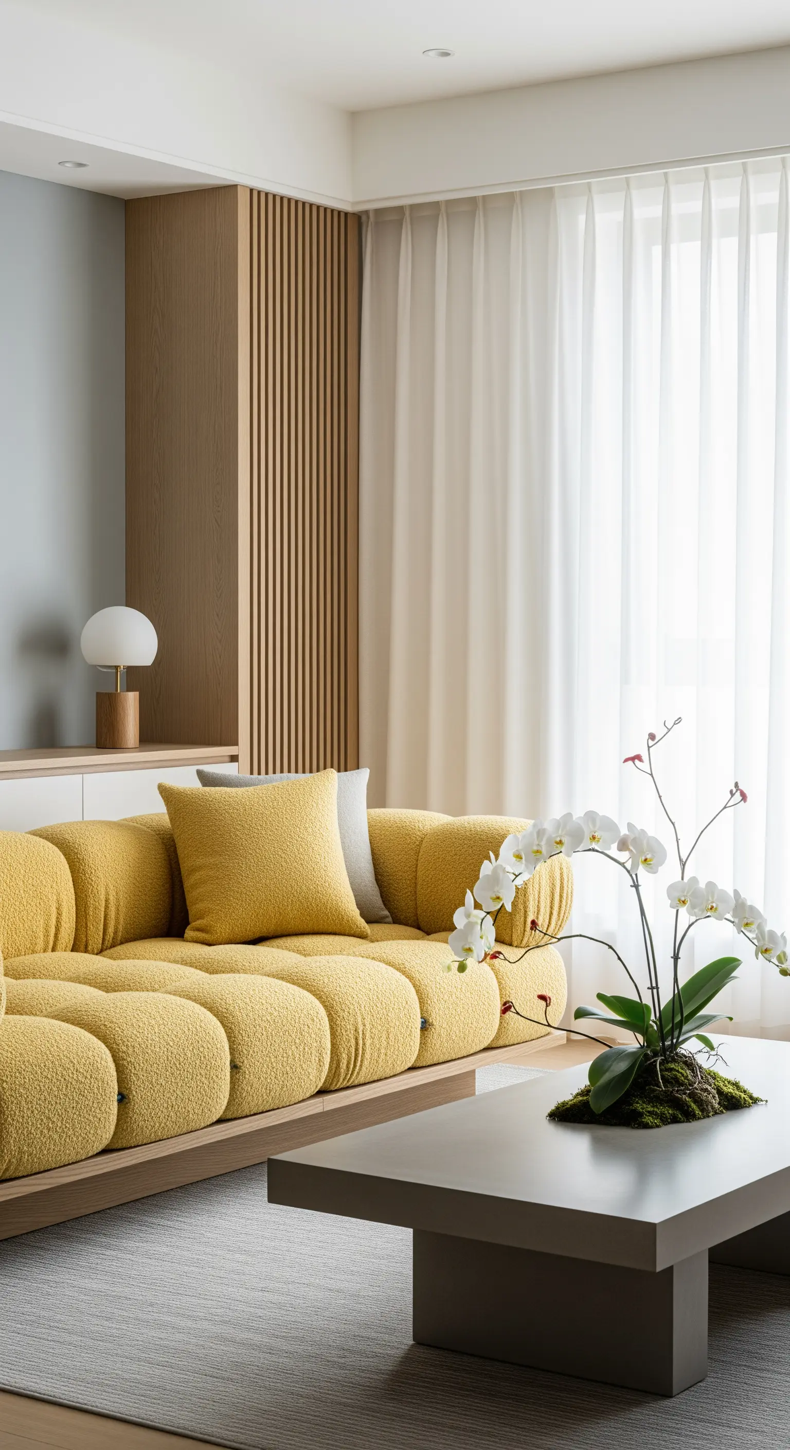 Divano componibile in bouclé giallo in un soggiorno minimalista con pannelli in legno chiaro.