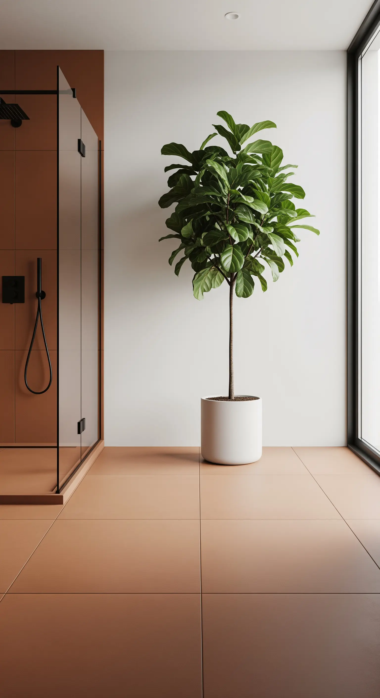 Bagno minimale con pavimento terracotta, pareti bianche e un albero di Ficus Lyrata in vaso.