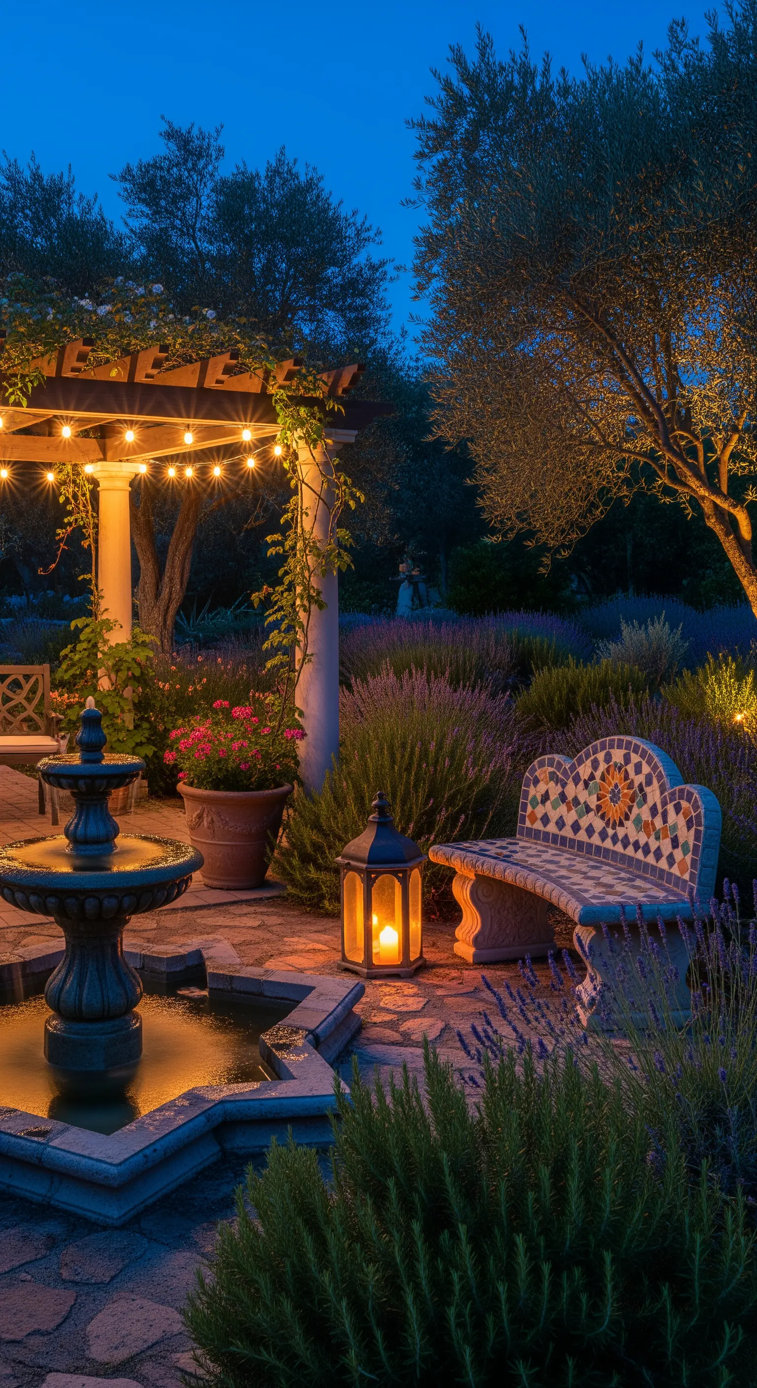 Giardino con lavanda, una fontana e una panchina in mosaico illuminate da una lanterna calda