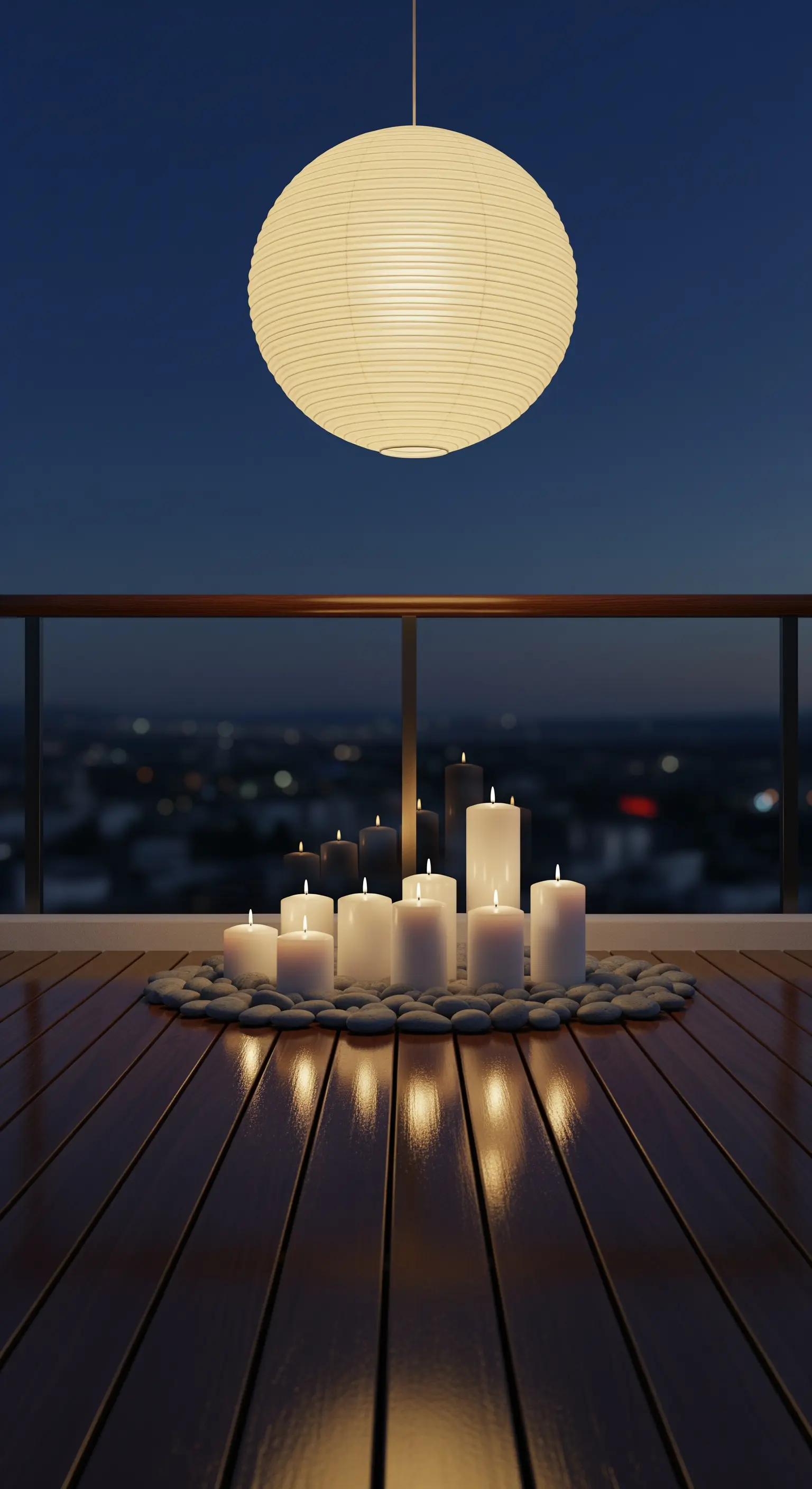 Una grande lanterna di carta sospesa sopra un gruppo di candele bianche accese su un pavimento in legno