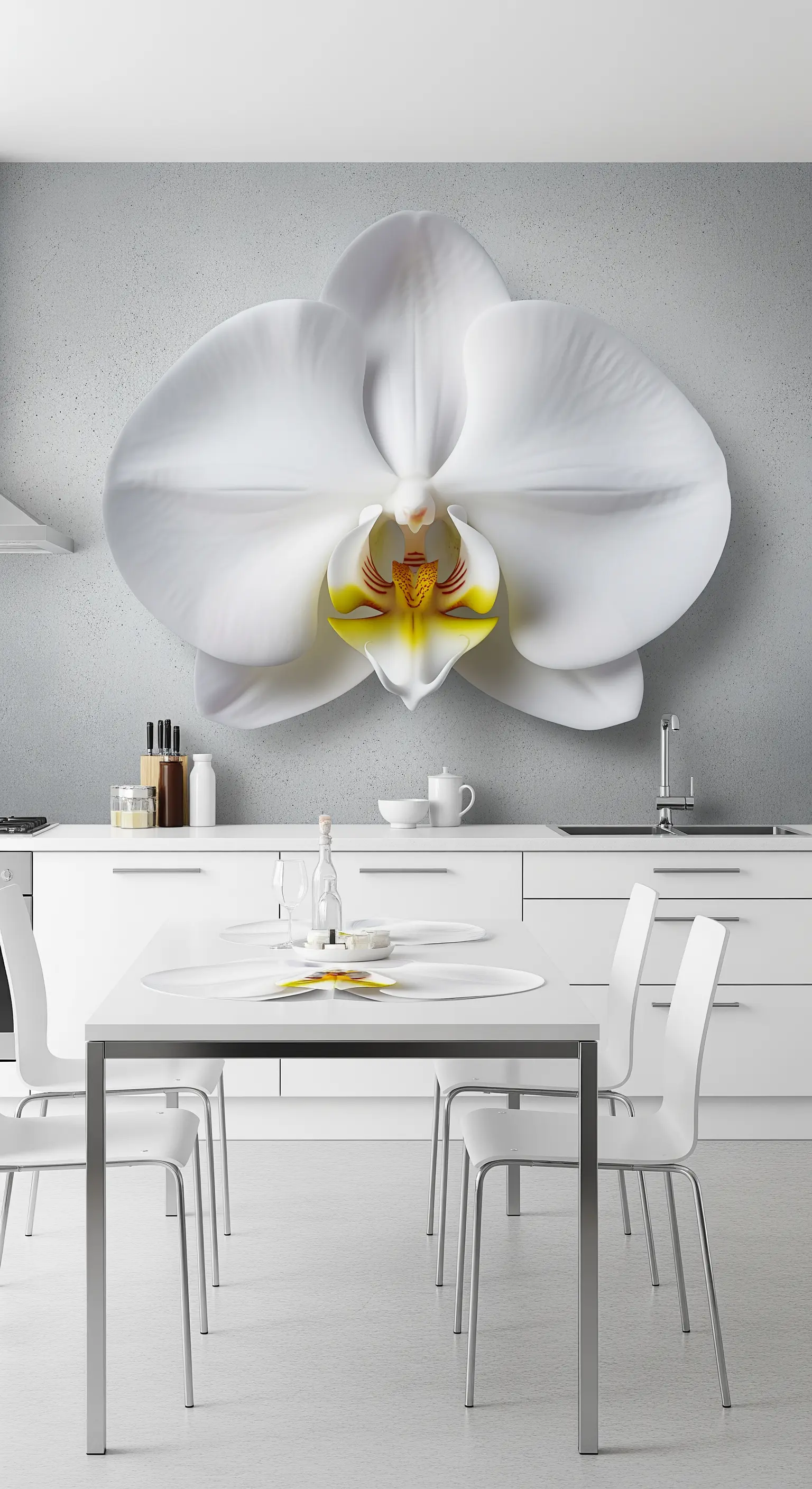 Cucina minimalista bianca con una singola, enorme orchidea bianca come carta da parati.