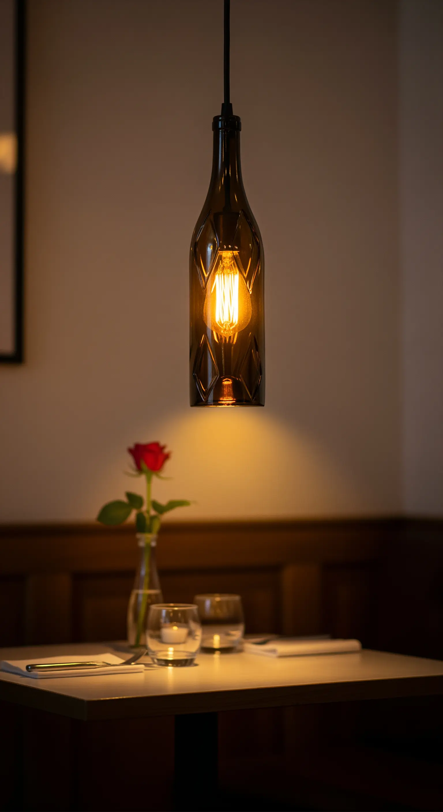 Lampada a sospensione singola creata con una bottiglia di vino scura tagliata, sopra un tavolo.