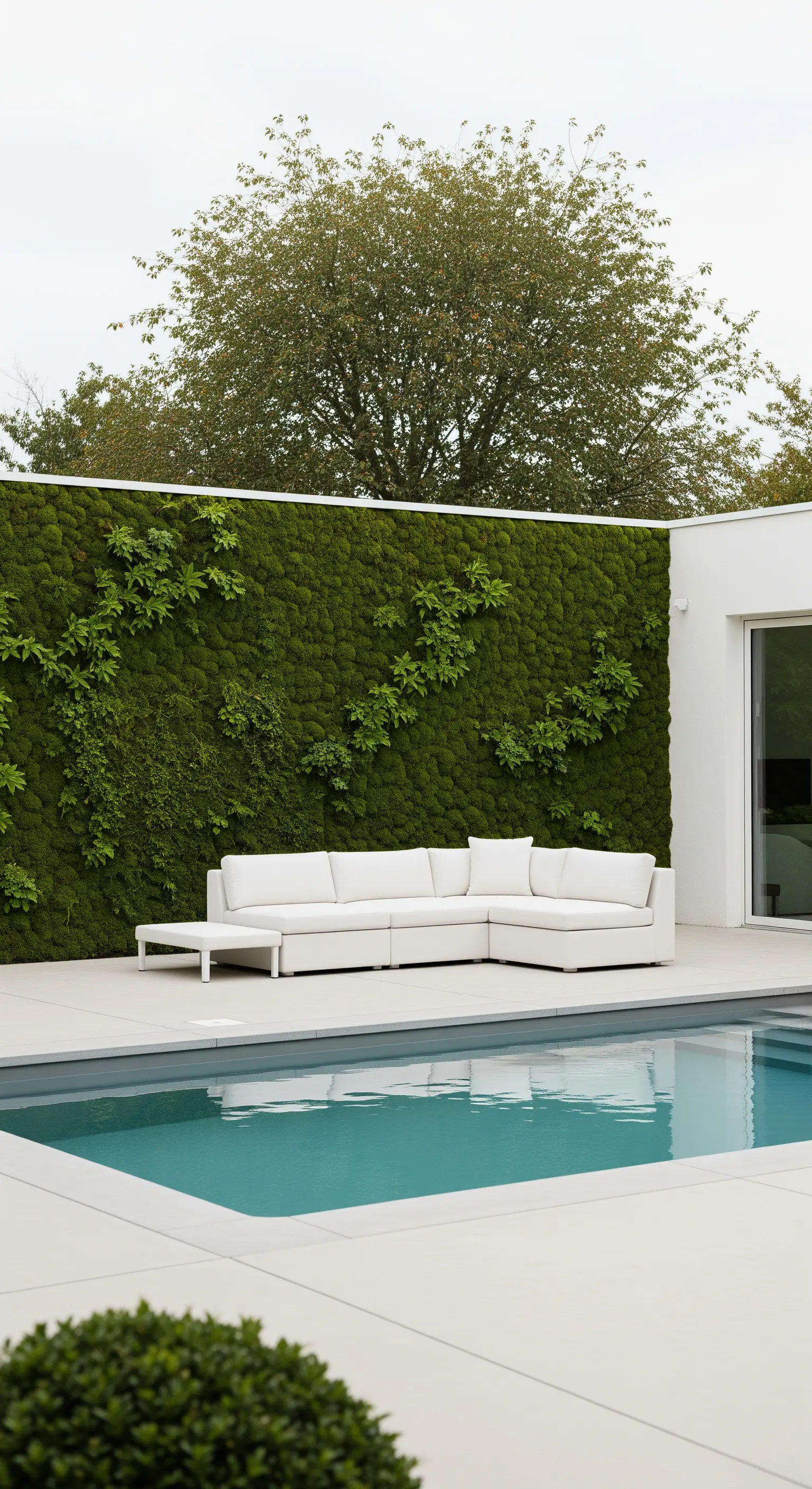 Divano angolare bianco su un patio bianco, di fronte a una piscina e una parete di muschio.