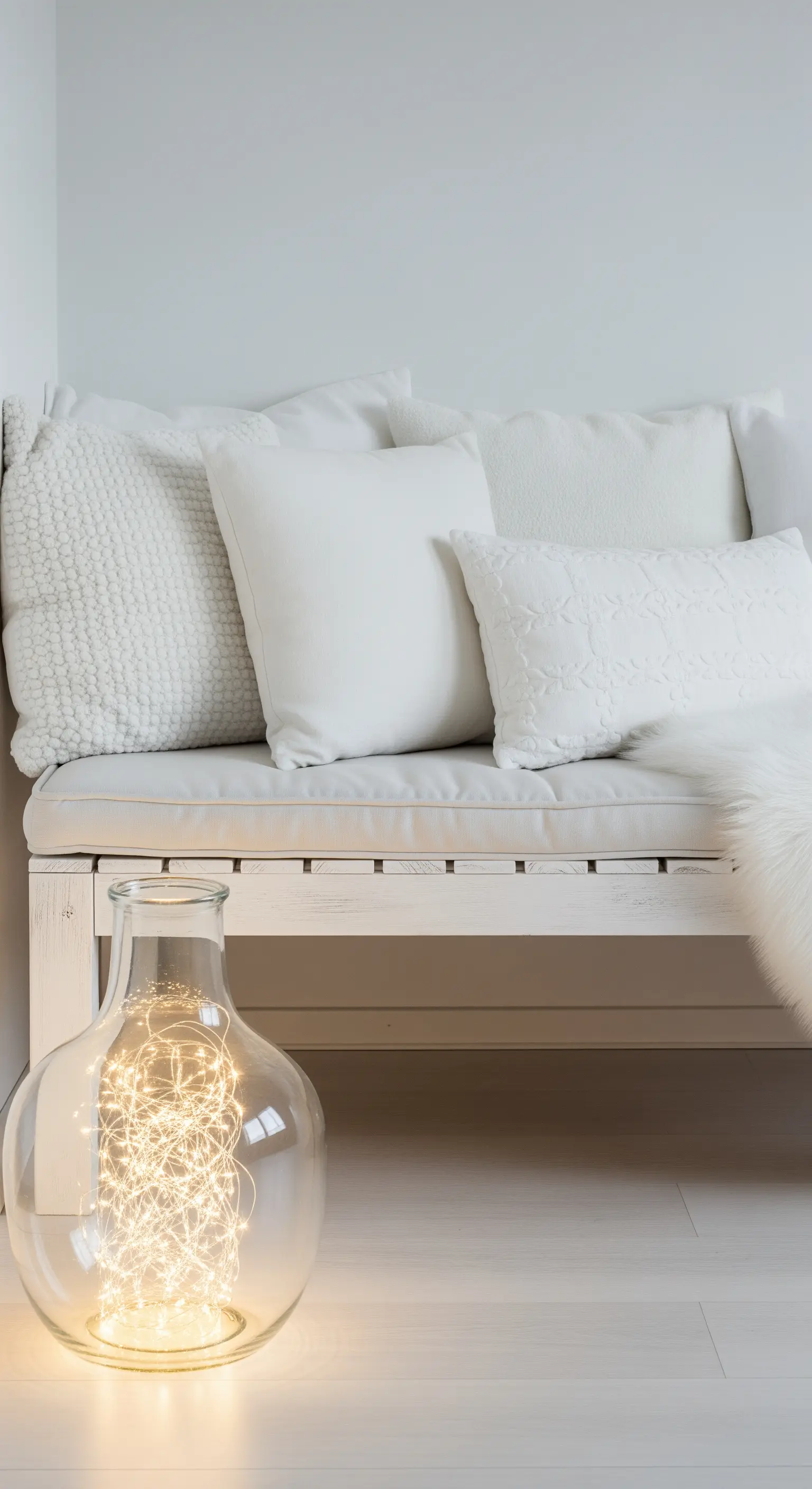 Panca bianca con cuscini bianchi di varie texture e un grande vaso di vetro pieno di lucine.