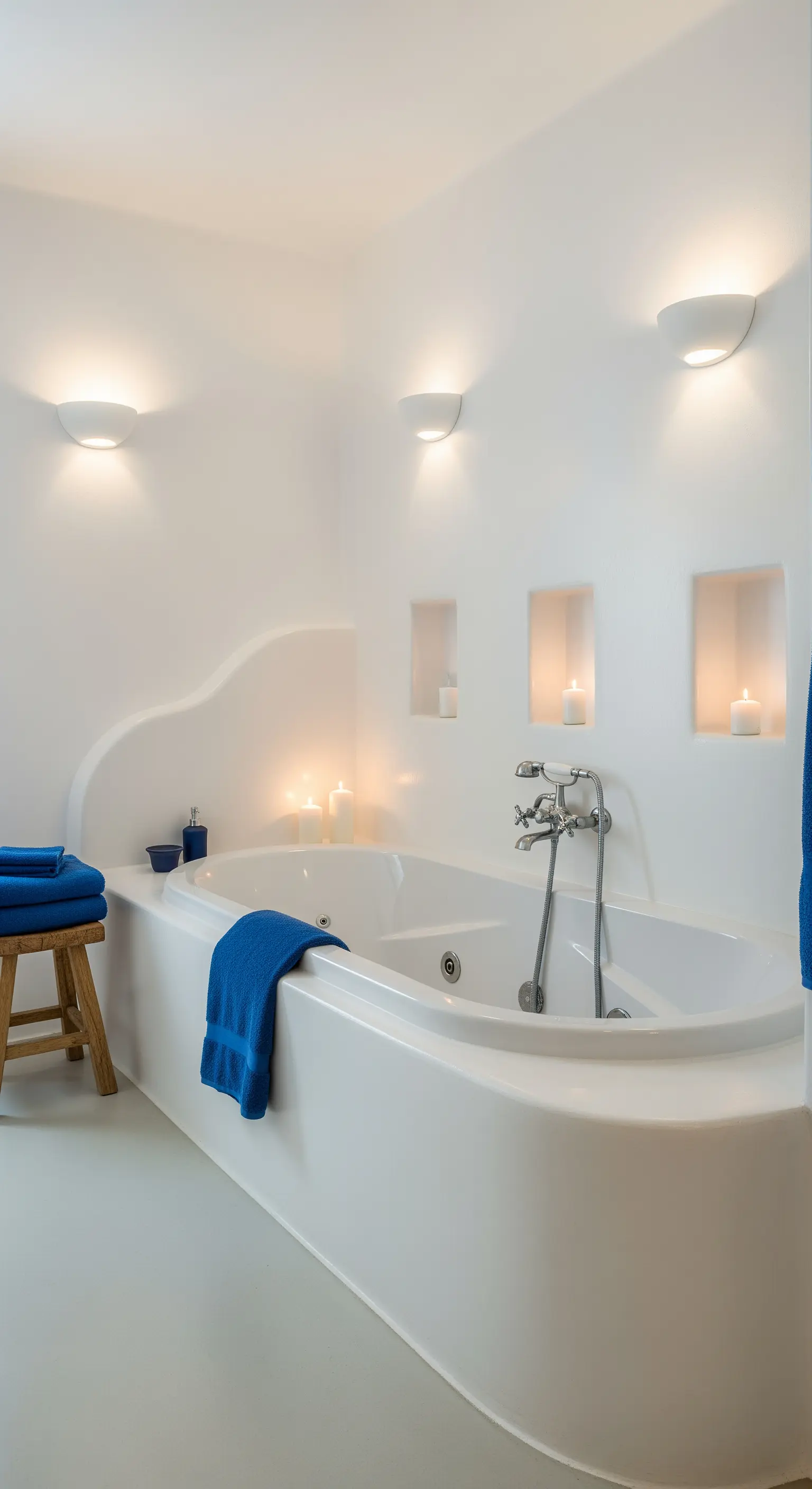 Bagno bianco in stile greco con vasca integrata, nicchie e accenti di blu cobalto.