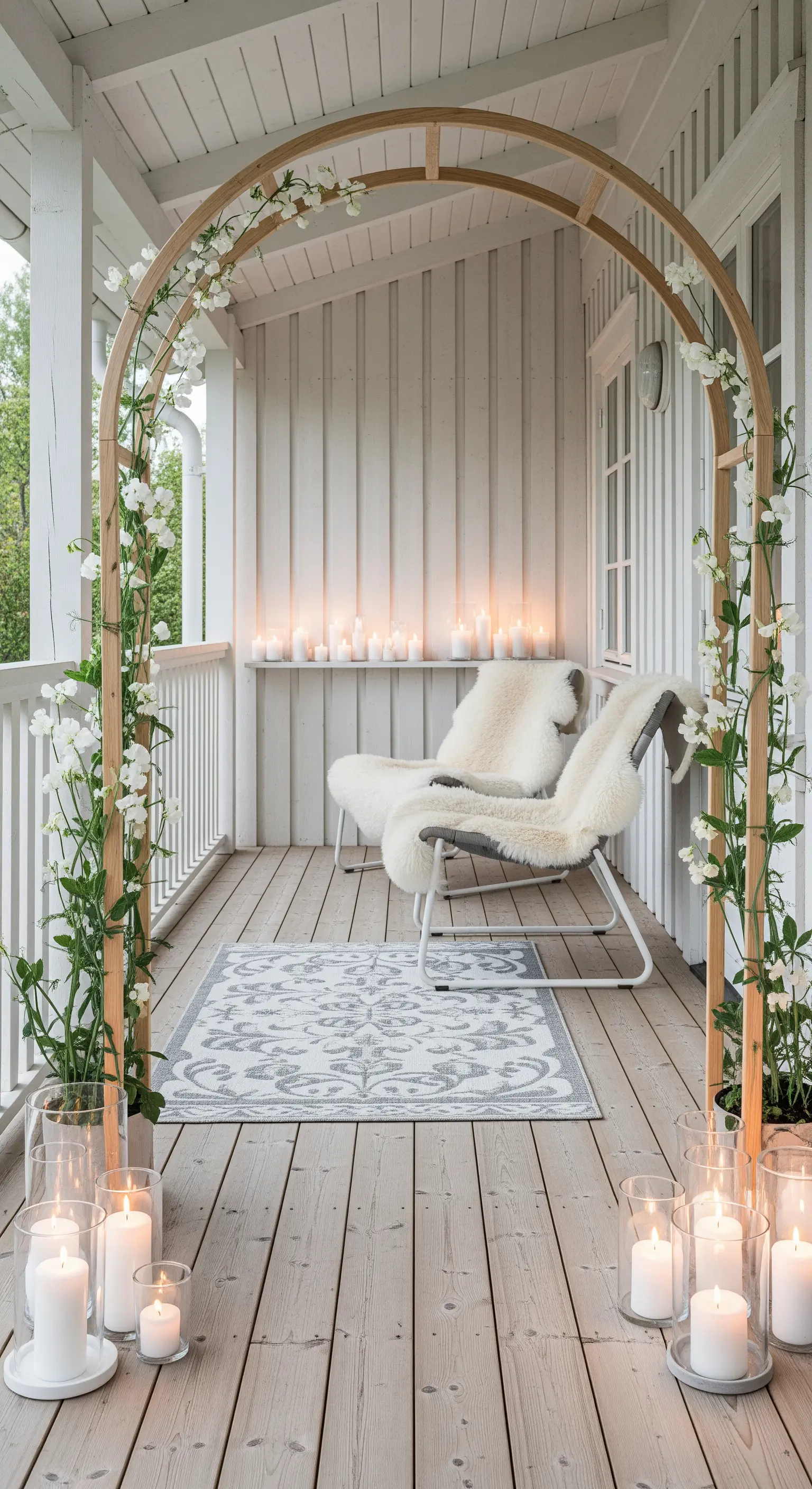 Veranda in legno bianco con arco, poltrona di design e candele bianche allineate.