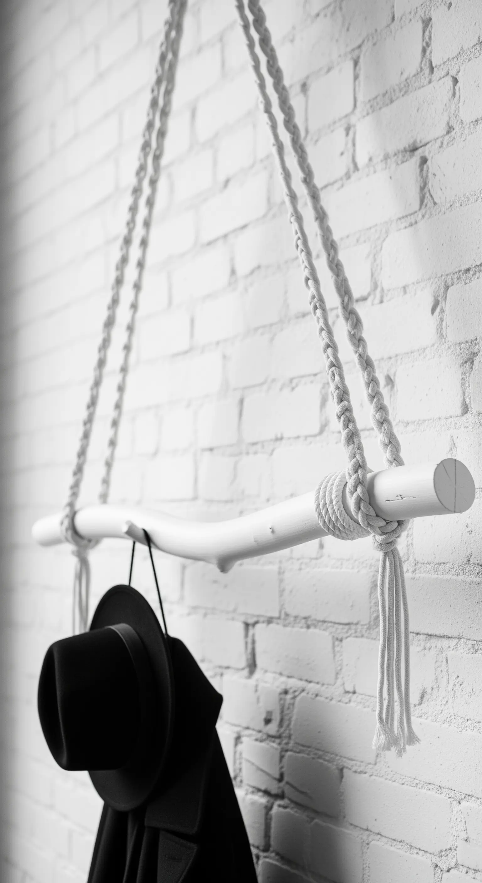 Ramo dipinto di bianco appeso con corde bianche a una parete di mattoni bianchi.