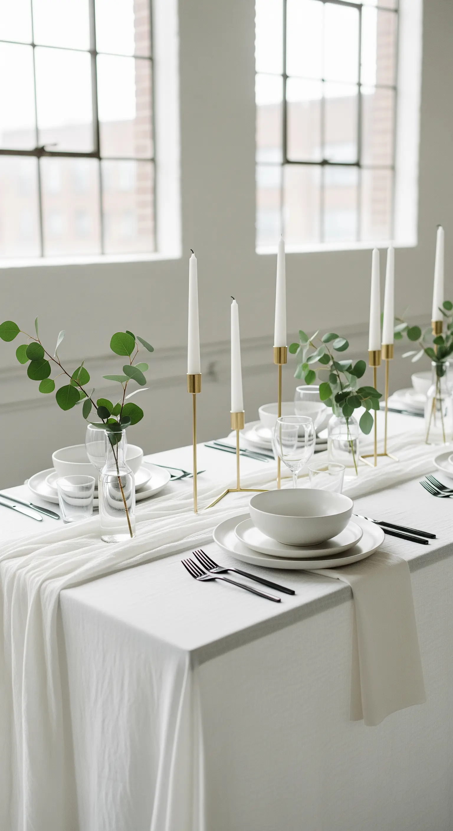 Tavola minimalista con lino bianco, candele sottili dorate e rami di eucalipto.