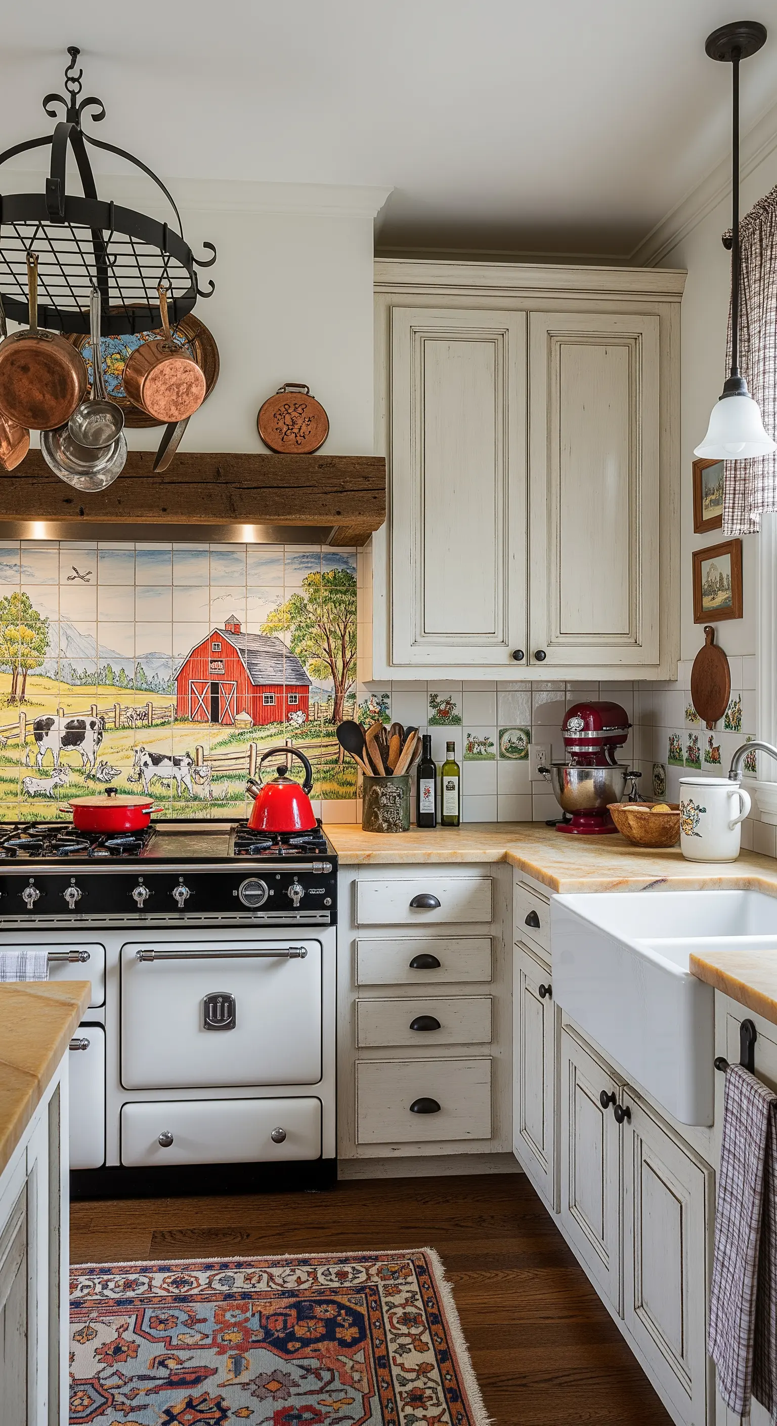 Cucina rustica con pannello di piastrelle dipinte a mano raffigurante una fattoria.