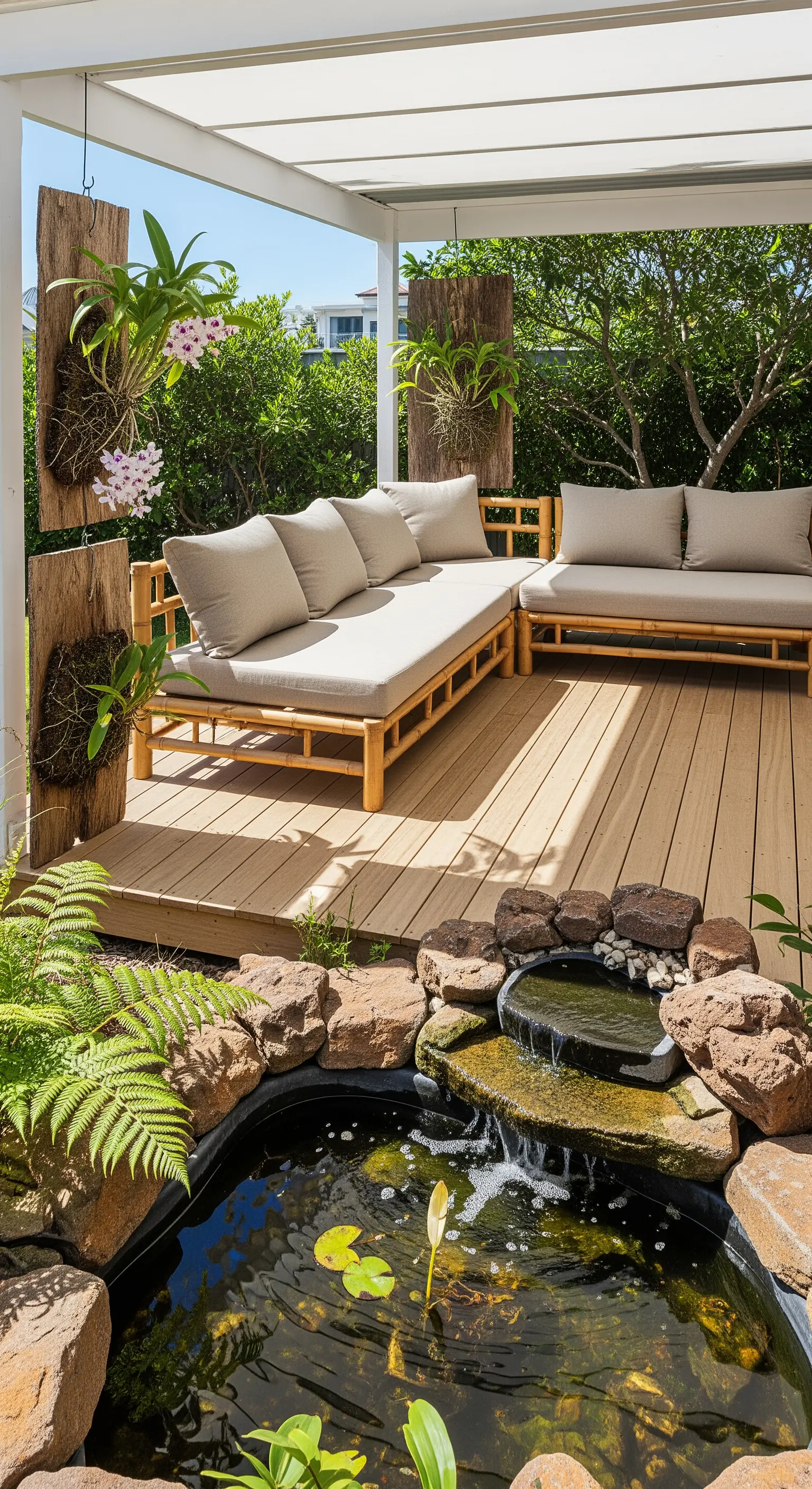 Deck con divani in bambù, laghetto e orchidee montate su pannelli di legno verticali.