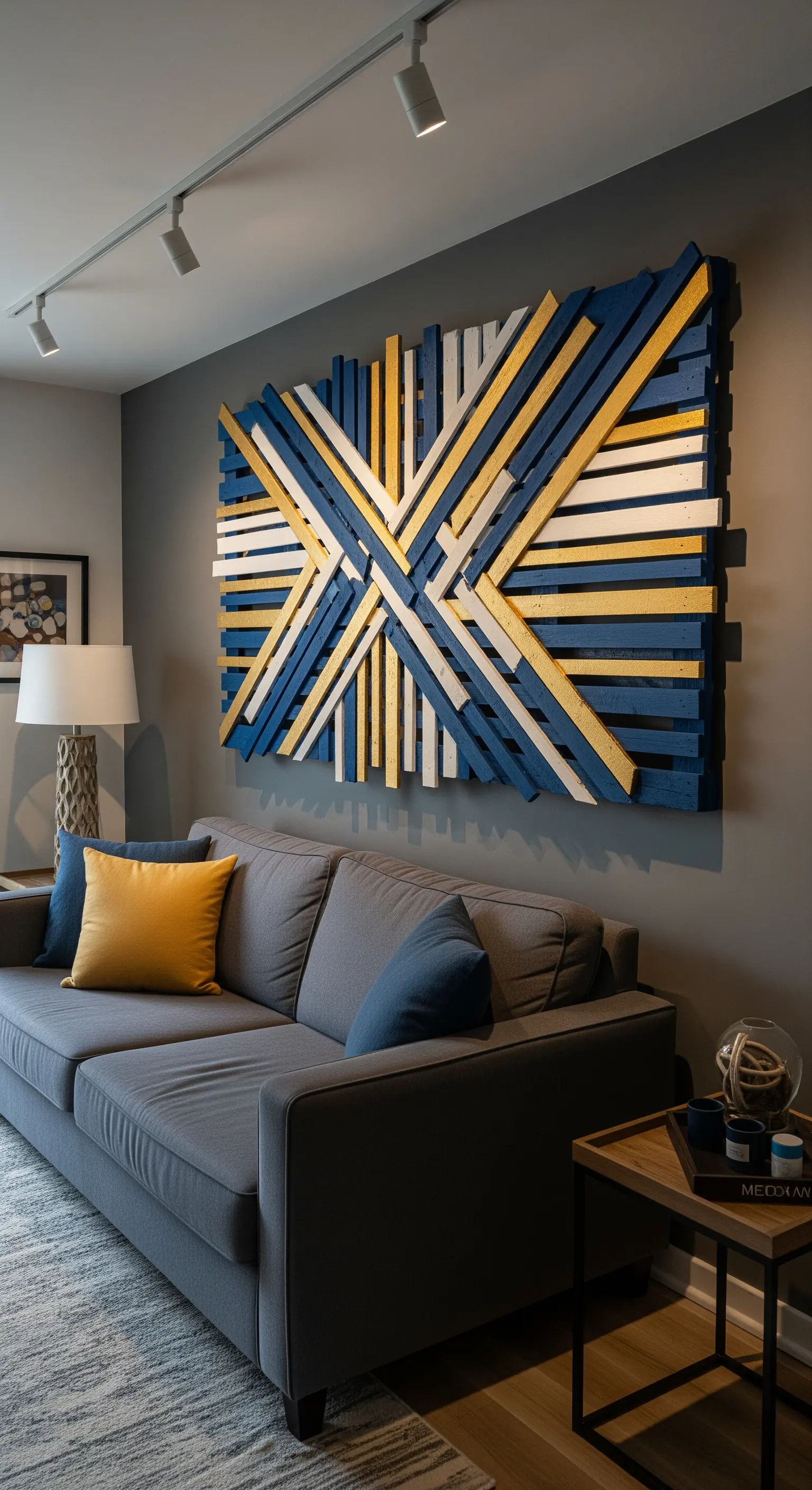 Decorazione da parete astratta e geometrica realizzata con listelli di pallet colorati.