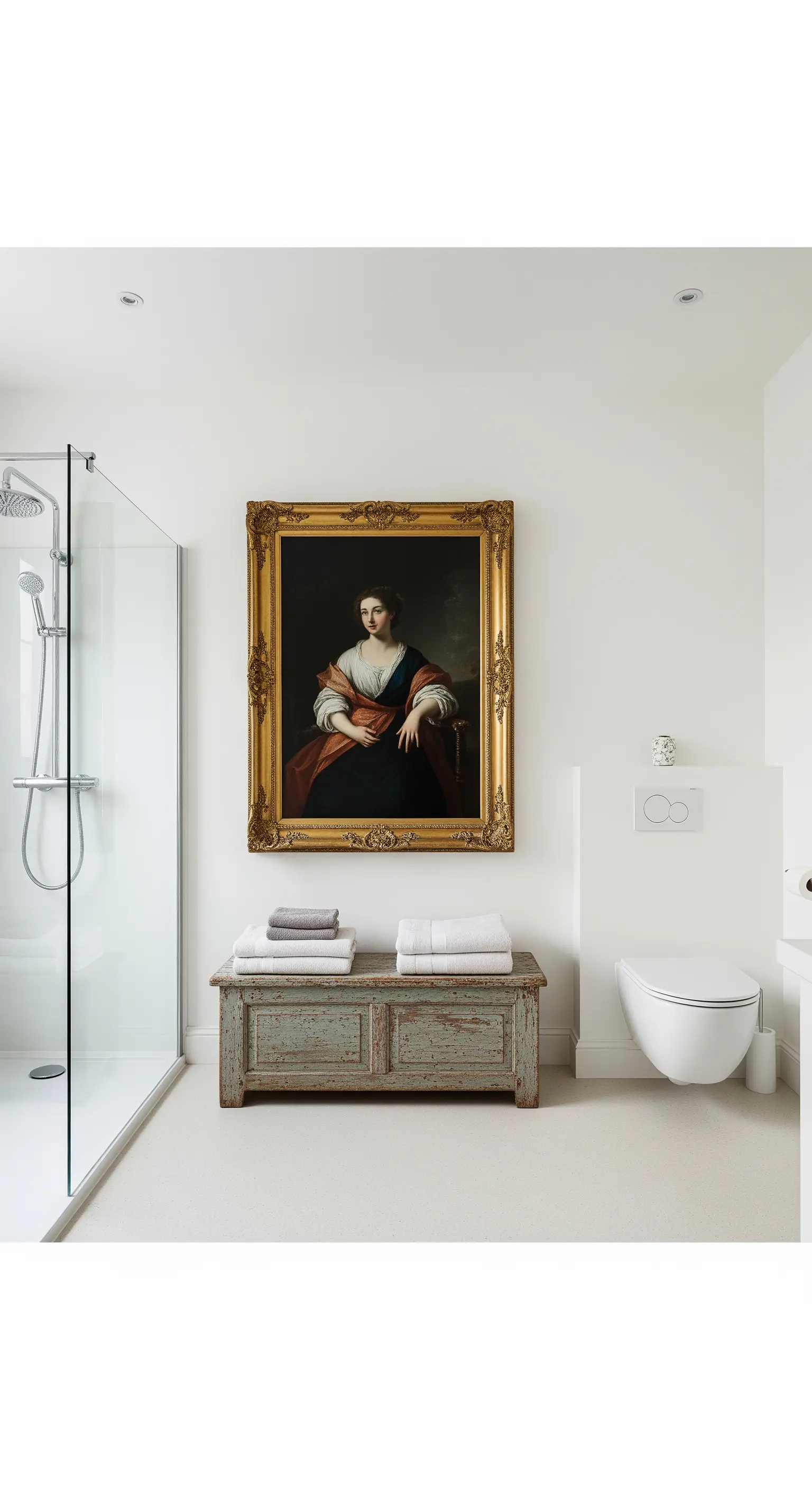 Bagno minimalista con un grande ritratto antico sopra una panca di legno rustica.