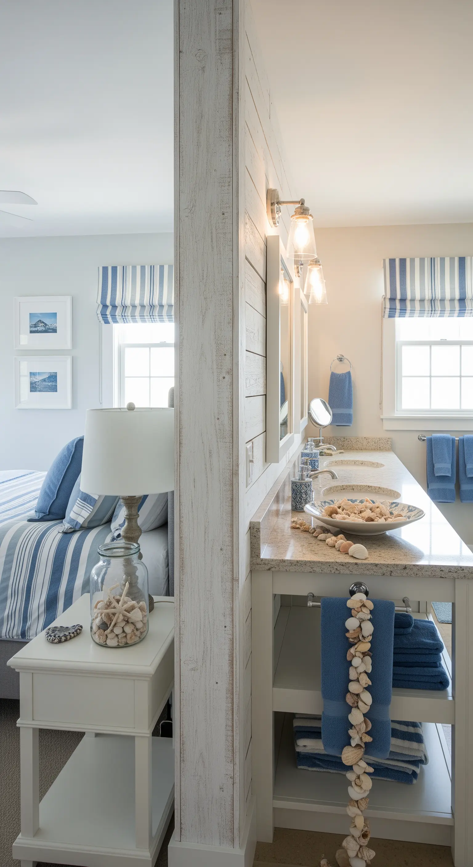 Bagno e camera da letto separati da una parete parziale in legno sbiancato.