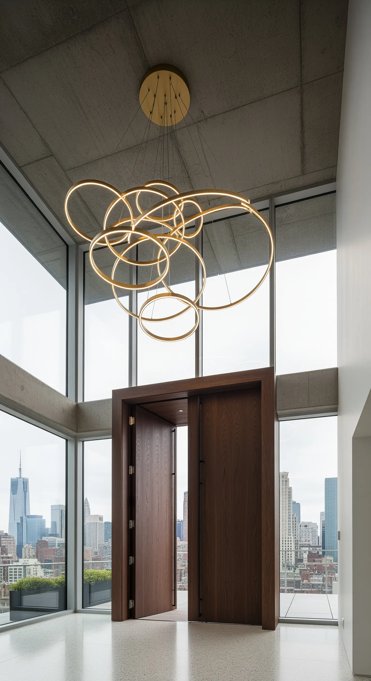 Ingresso moderno con soffitto in cemento, vetrate e un lampadario scultoreo con anelli luminosi.