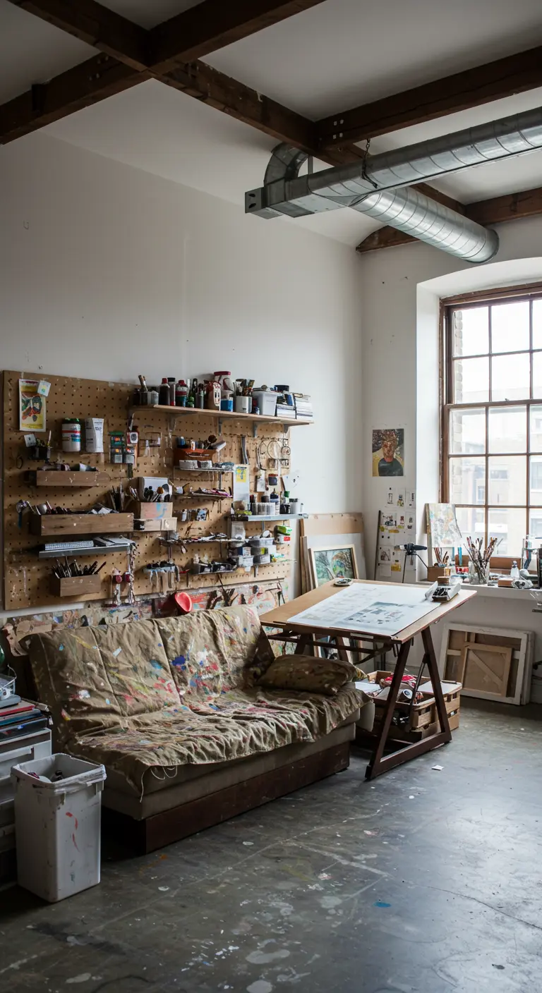 Tavolo da disegno da artista posizionato dietro a un divano in un loft studio.