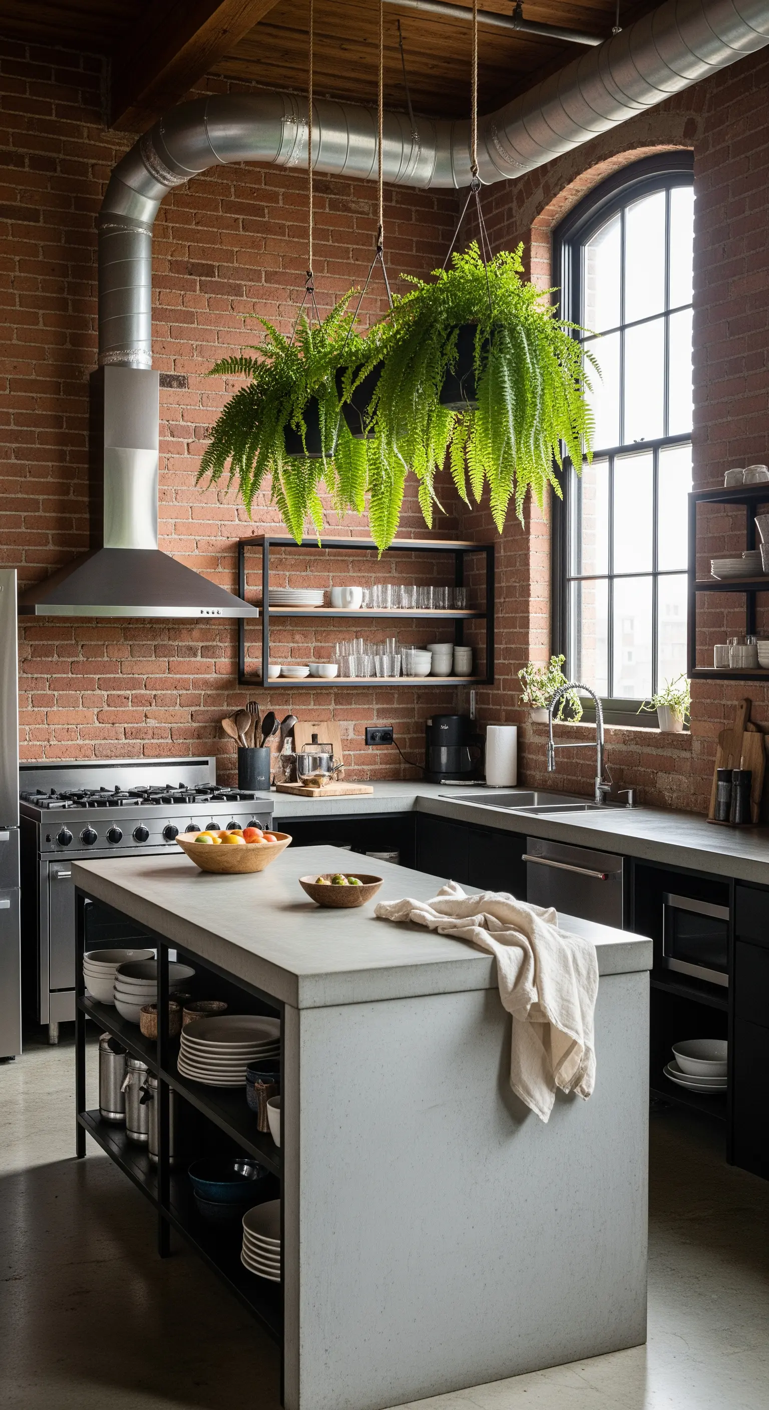 Cucina industrial con pareti in mattoni, isola in cemento e felci sospese.