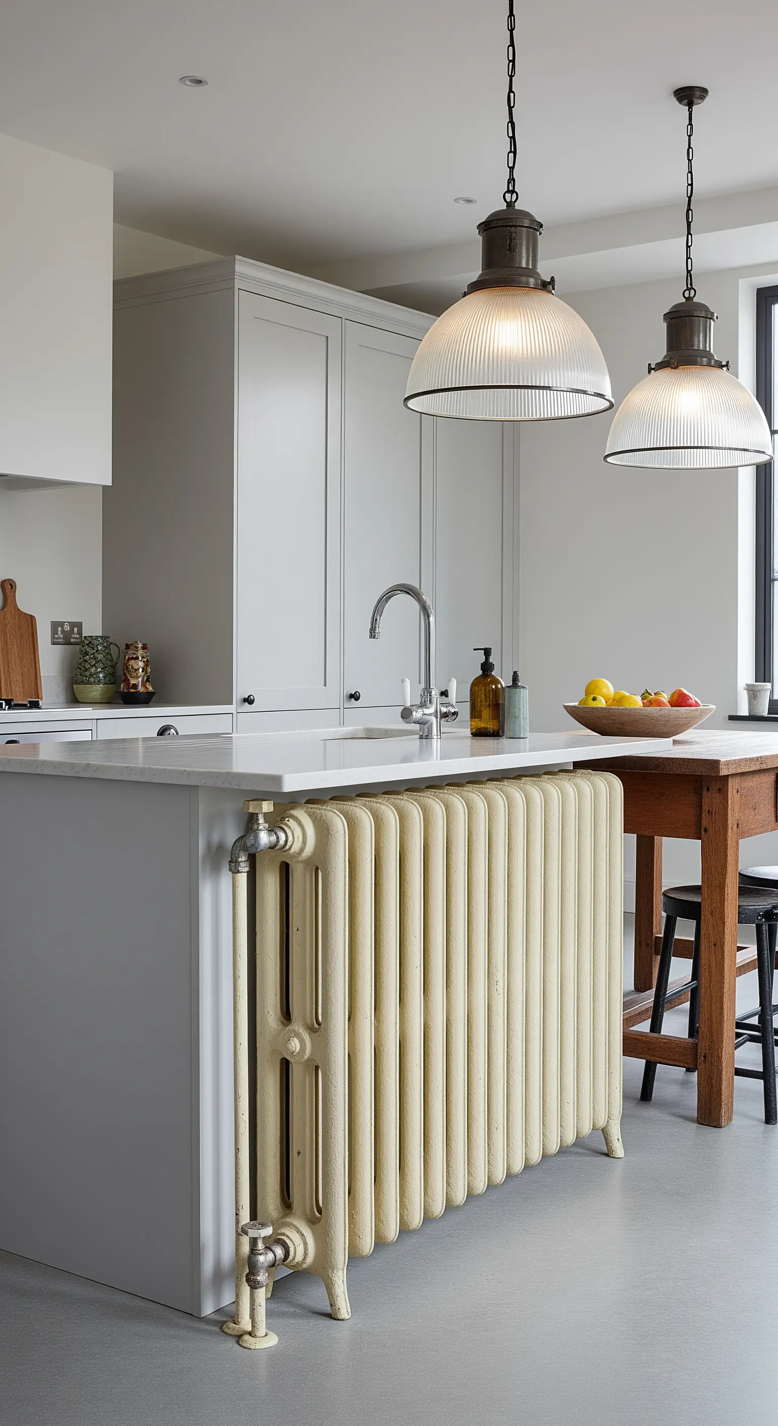 Isola cucina grigio chiaro con un radiatore vintage in ghisa color crema montato a fianco.