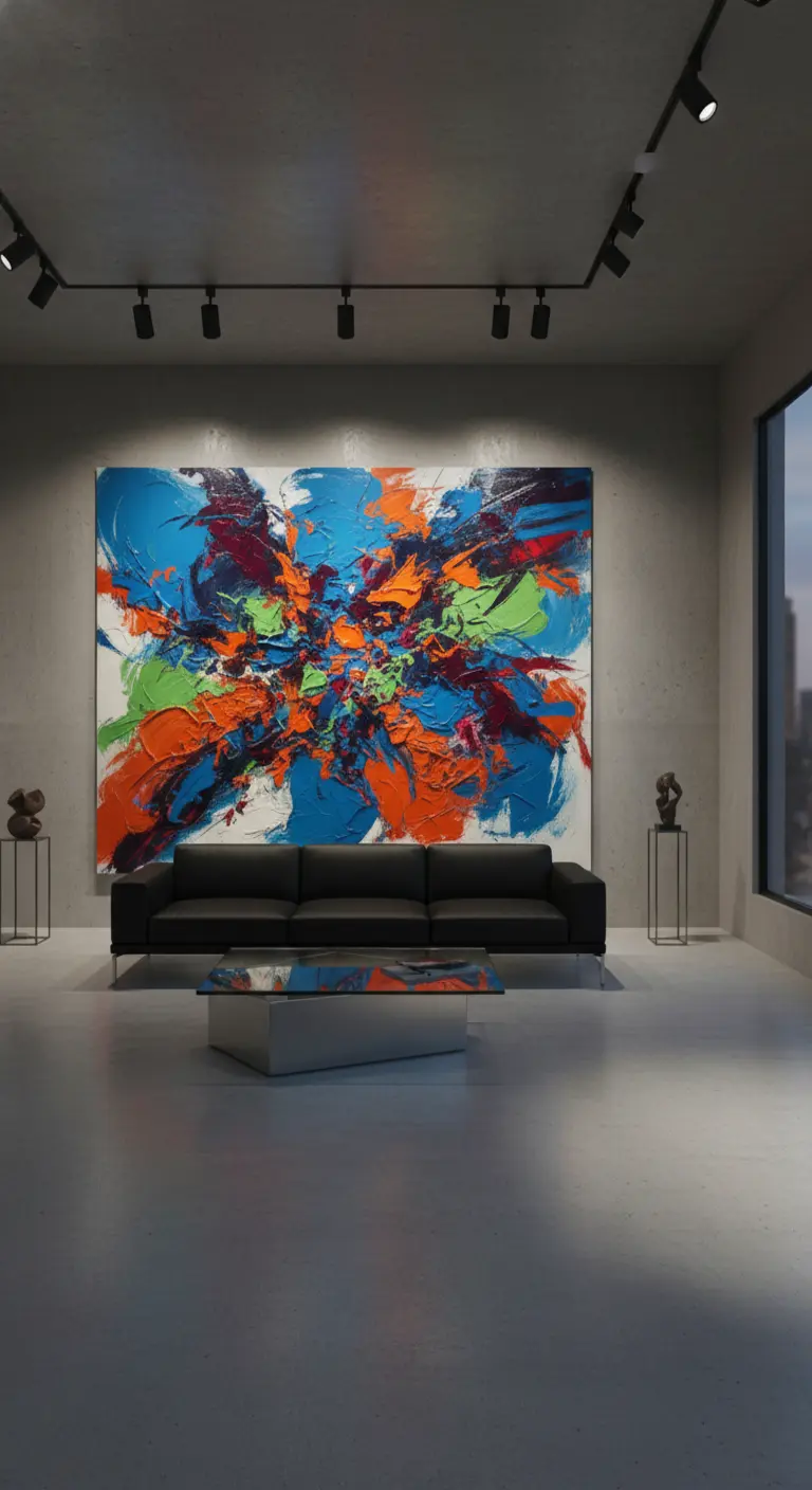 Grande quadro astratto e colorato appeso sopra un divano nero in un salotto minimalista.