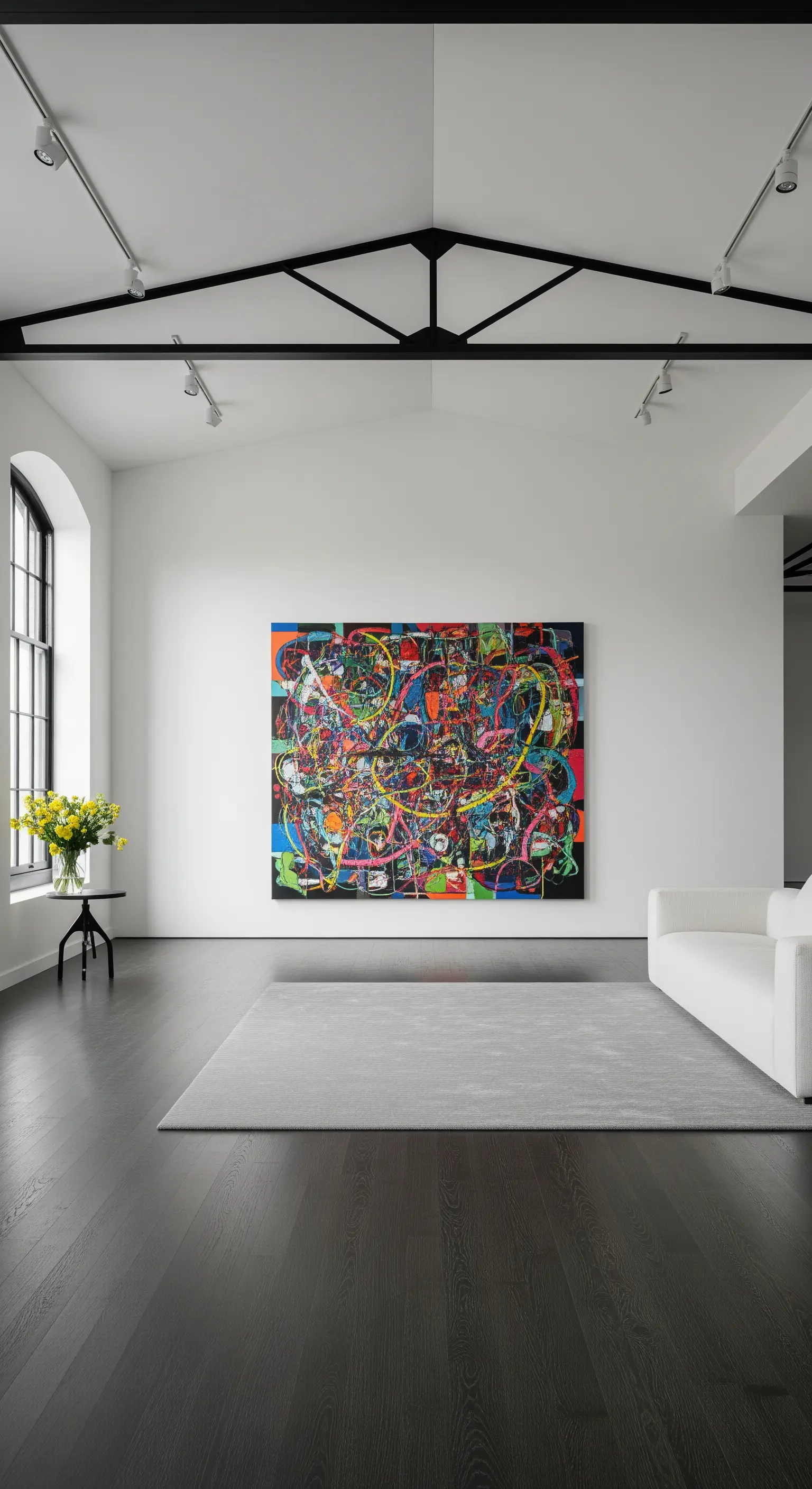 Soggiorno minimalista con un grande quadro astratto, pavimento scuro e tappeto grigio chiaro