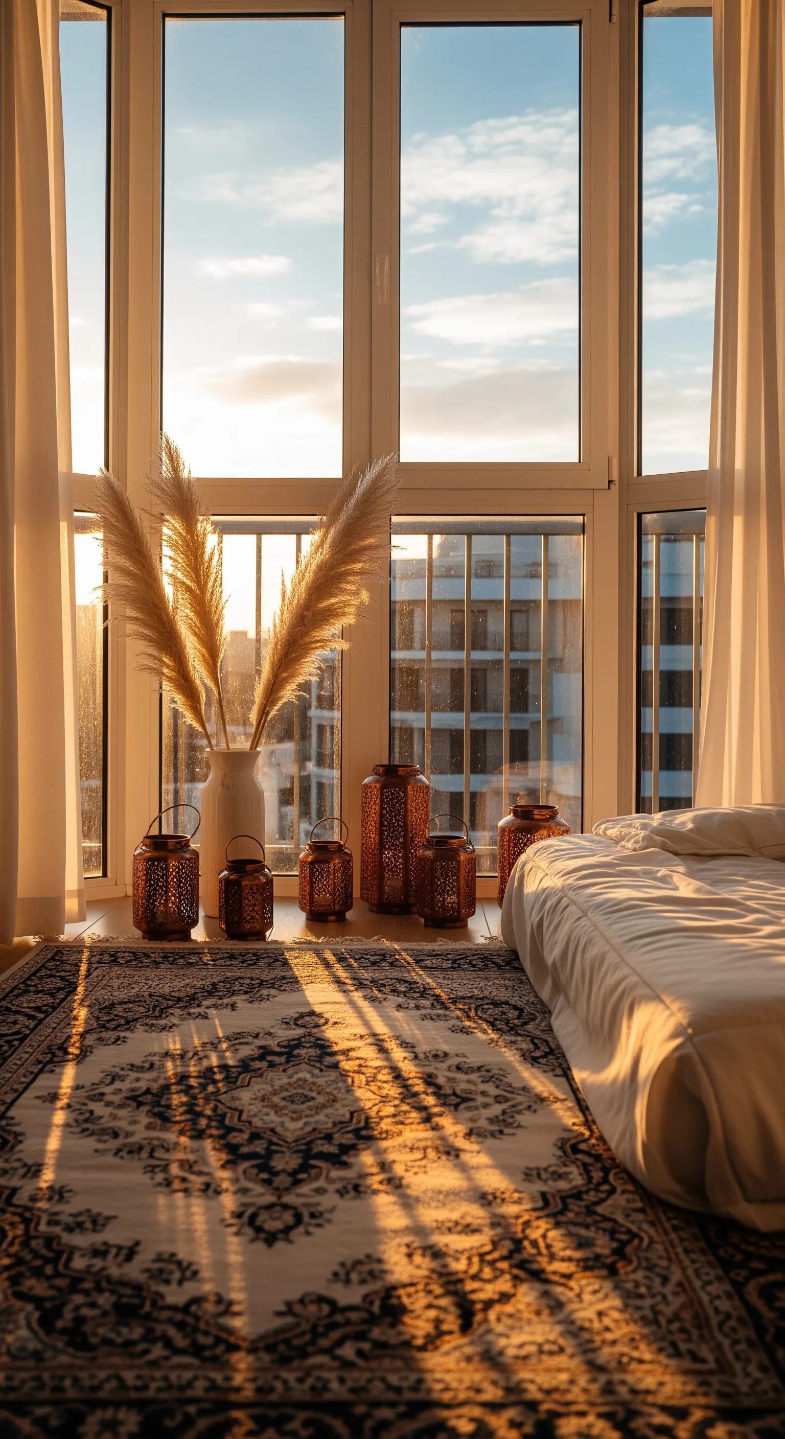 Angolo di una stanza con grande finestra, tappeto, lanterne e luce del tramonto.