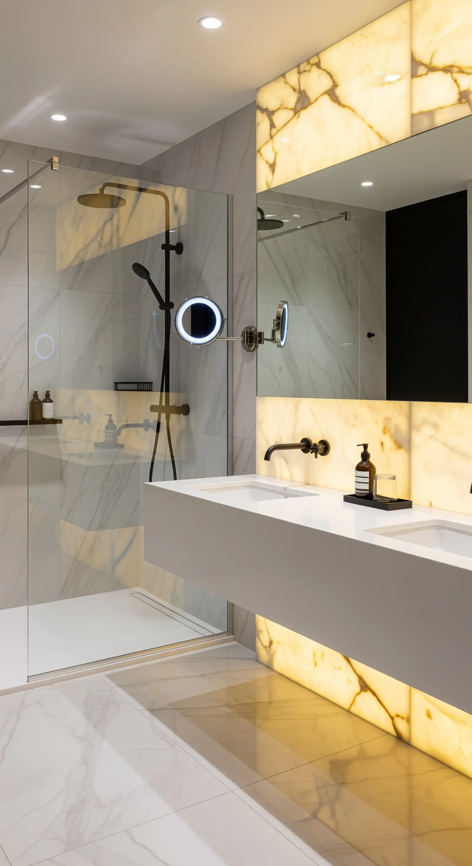 Bagno di lusso con parete in onice retroilluminata e doppio lavabo sospeso.