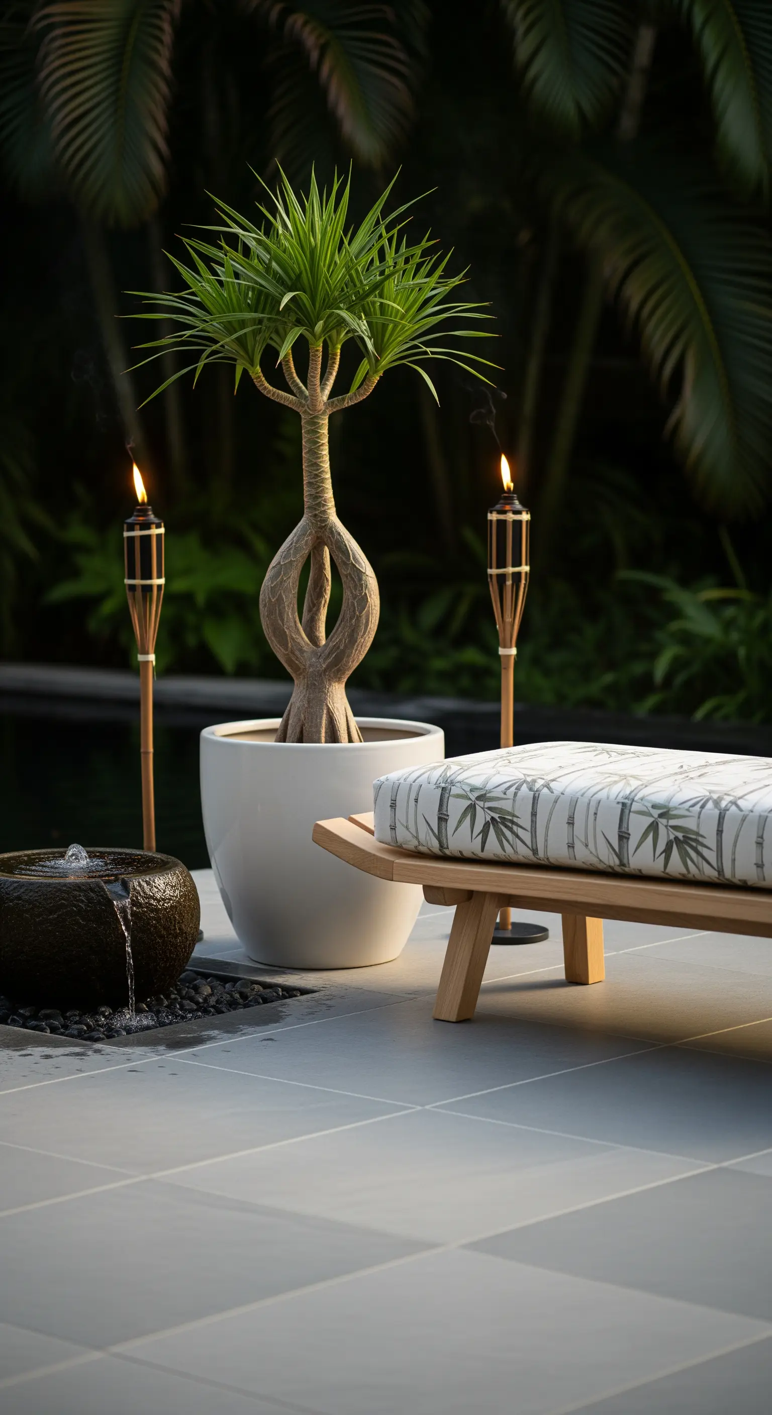 Pianta scultorea in vaso bianco, piccola fontana e lettino con cuscino a motivi di bambù.
