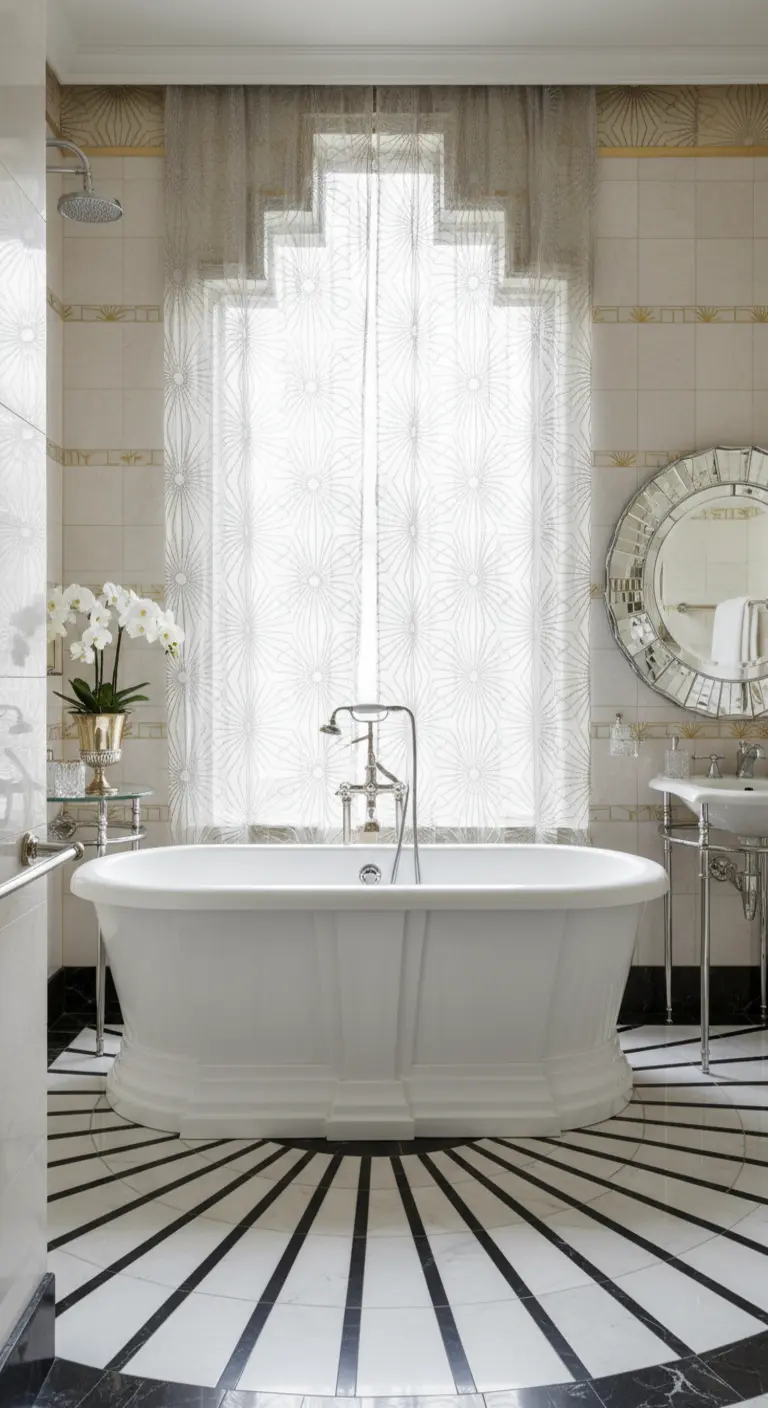 Bagno Art Déco con pavimento a raggiera in bianco e nero e una tenda con un motivo grafico coordinato.