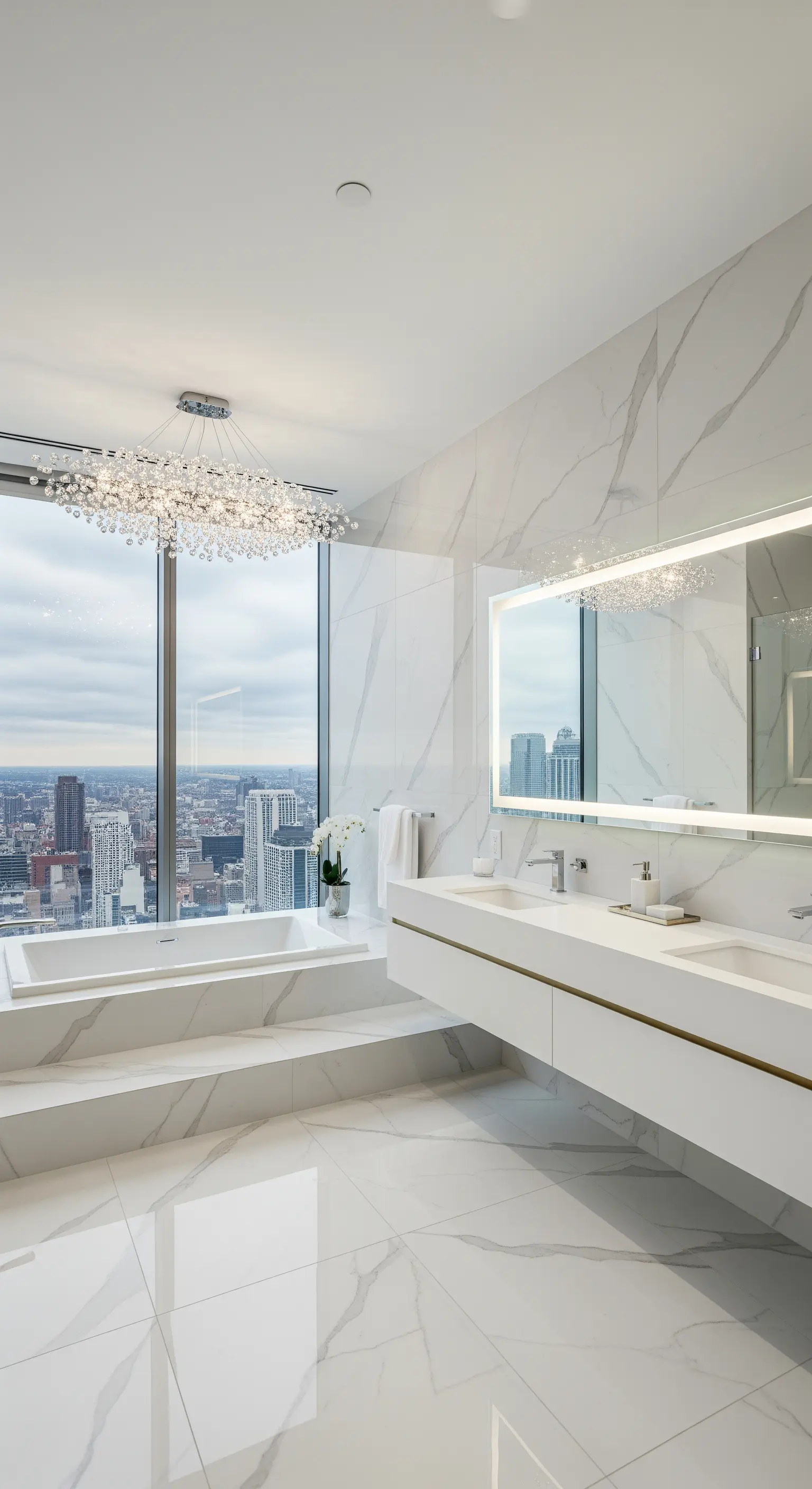Bagno con vista panoramica sulla città, vasca vicino alla finestra e lampadario di cristallo moderno.