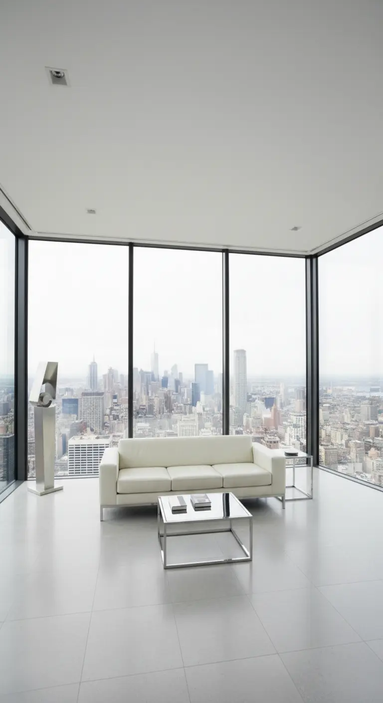 Salotto moderno e bianco con vista panoramica sulla città e divano in pelle.