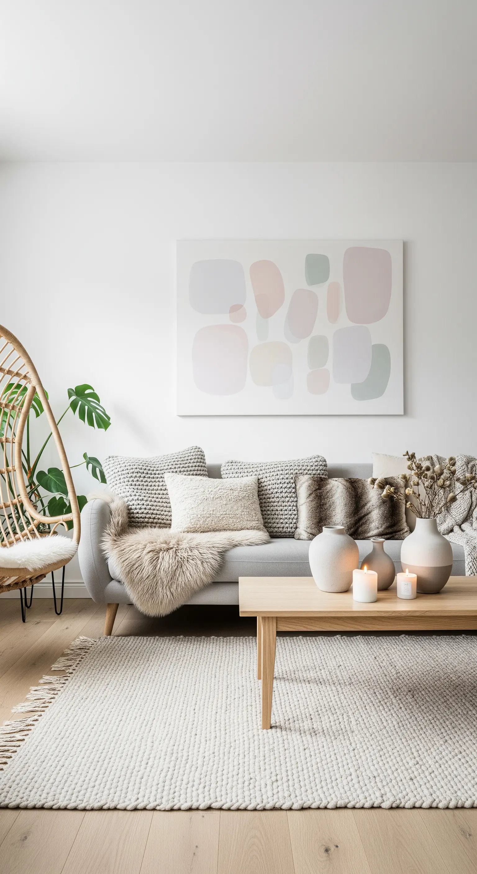 Salotto bohémien dai toni neutri con divano grigio, cuscini testurizzati e poltrona in rattan.