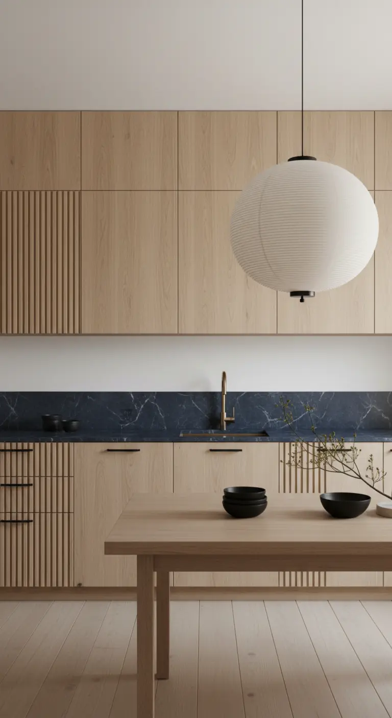 Cucina in stile Japandi con mobili in rovere chiaro, dettagli a listelli e lampada di carta.