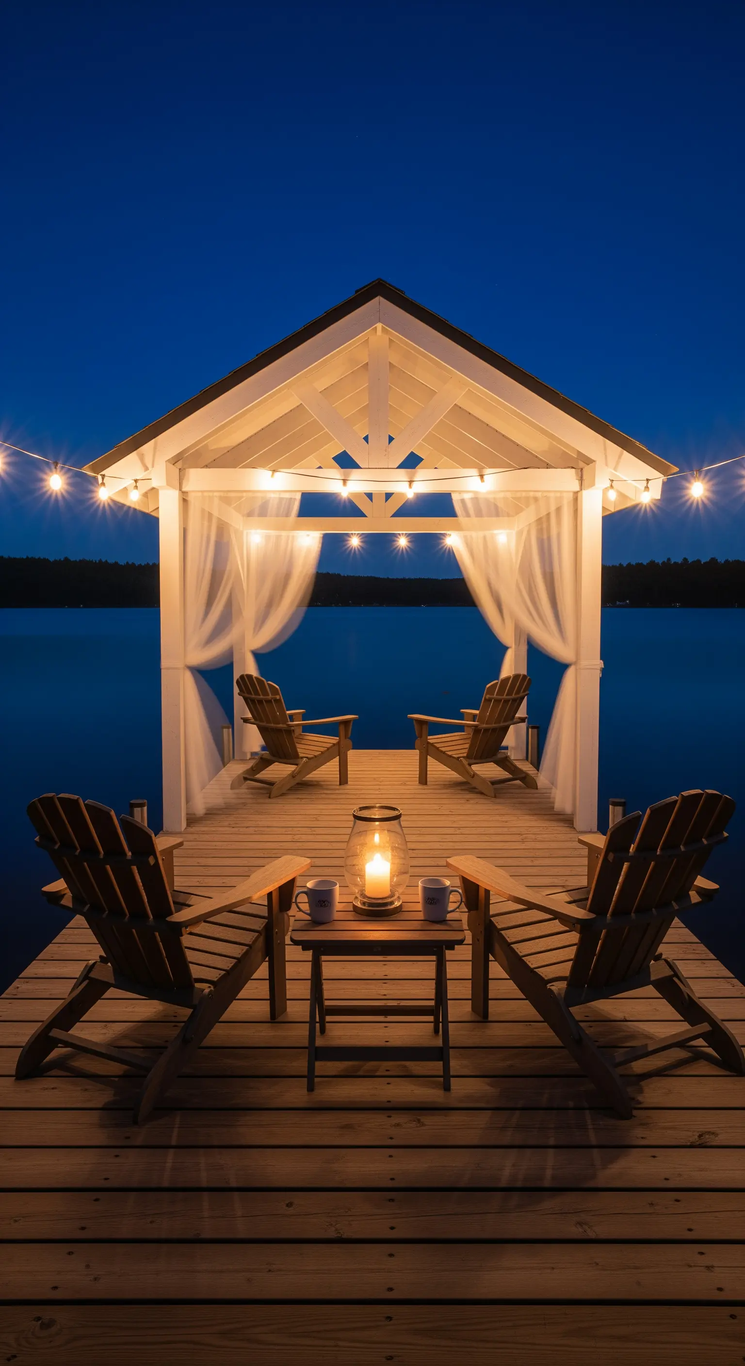 Gazebo bianco su un molo di legno affacciato su un lago, con sedie Adirondack e una lanterna.