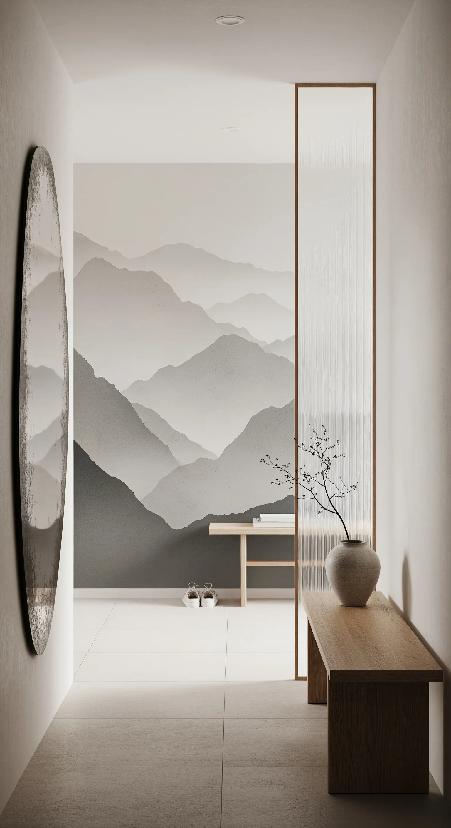 Ingresso minimalista con murale di montagne in scala di grigi e panca in legno chiaro.