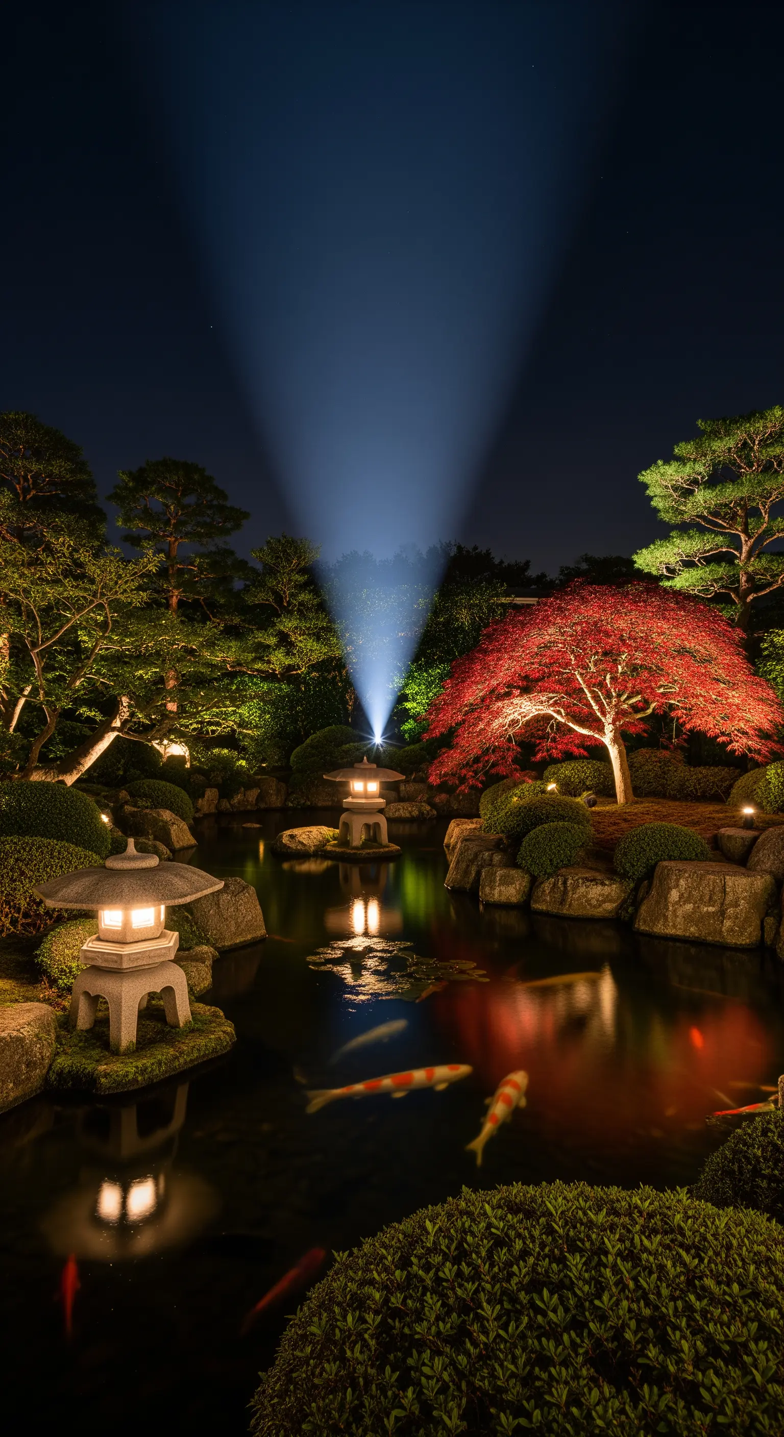 Giardino giapponese notturno con laghetto, lanterne in pietra e un acero rosso illuminato.