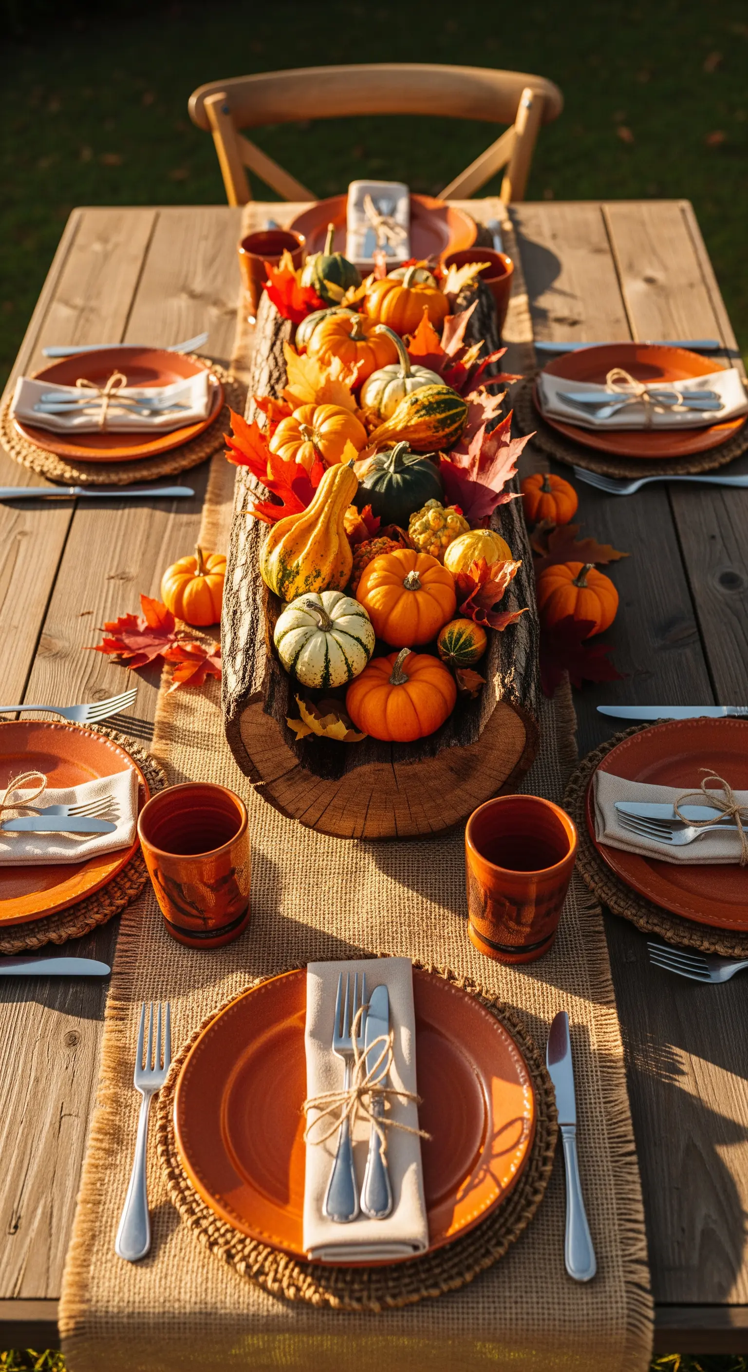 Tavola autunnale con centrotavola in legno riempito di zucche e foglie.