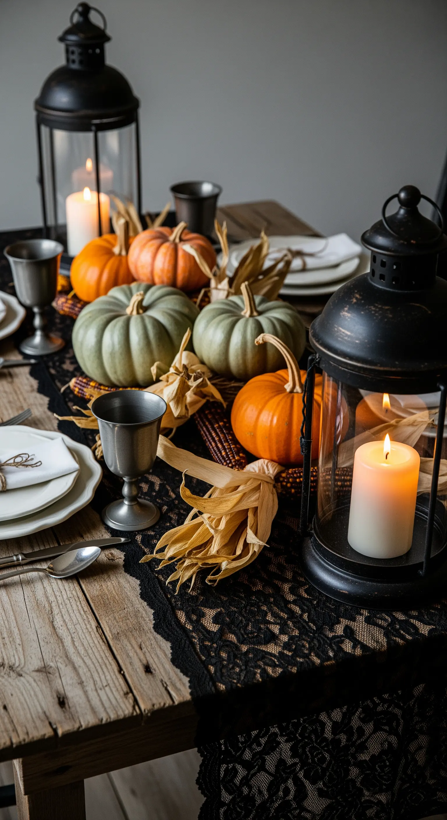 Tavola rustica di Halloween con zucche, pizzo nero e lanterne.