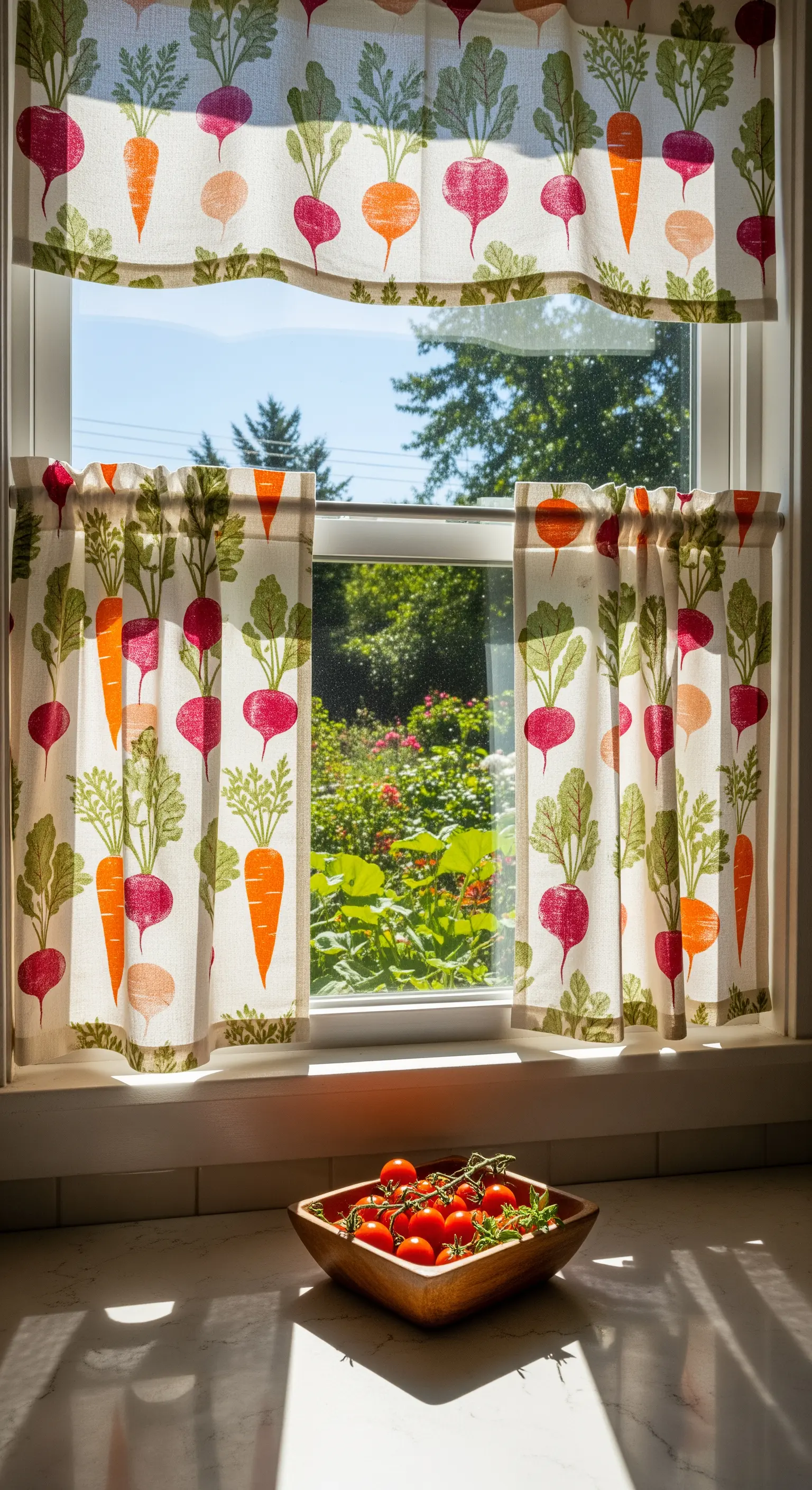 Tendine da cucina con un motivo colorato di carote, rape e ravanelli stampati a mano.