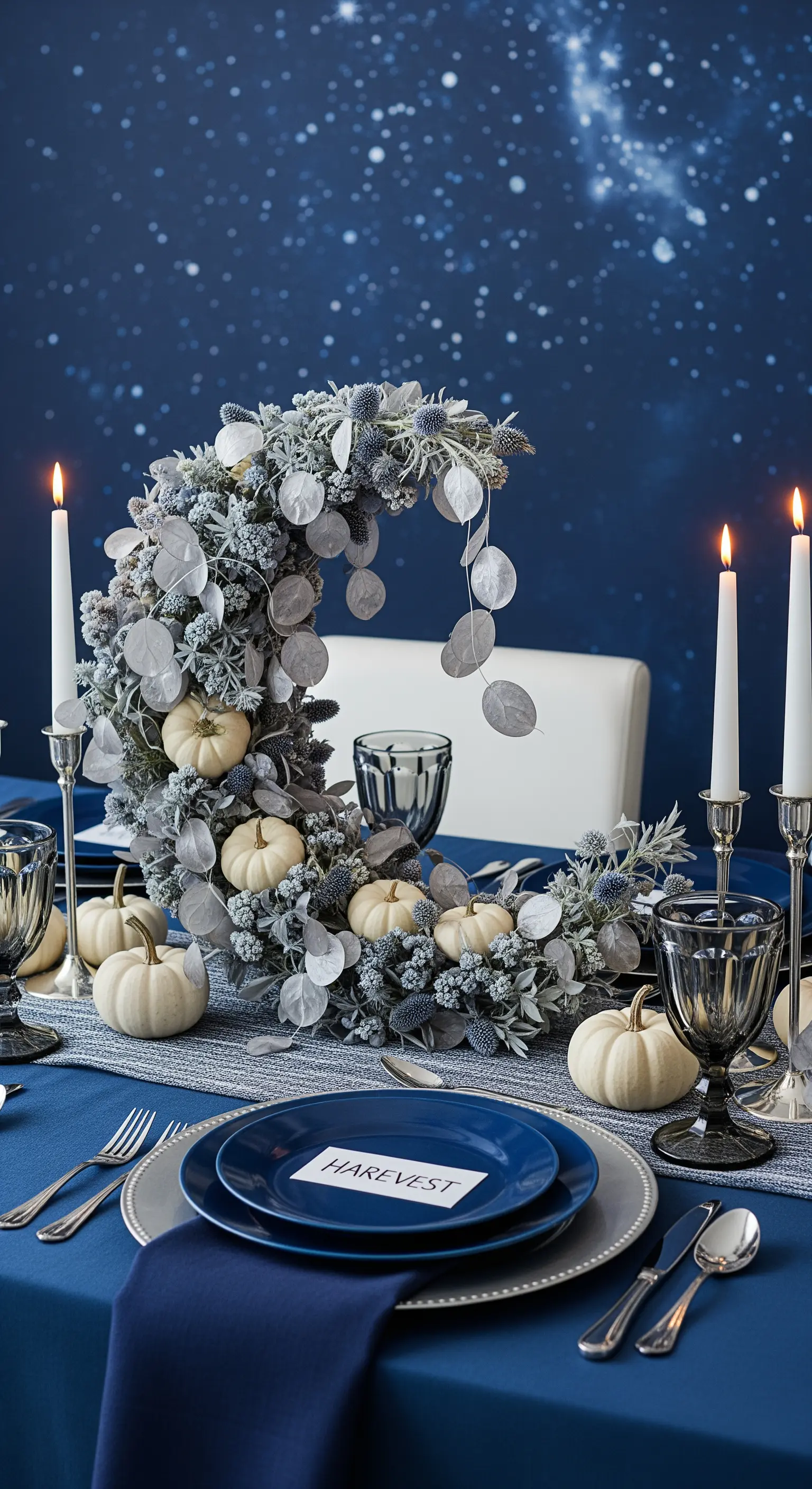 Tavola blu notte con centrotavola a mezzaluna di eucalipto e zucche bianche.