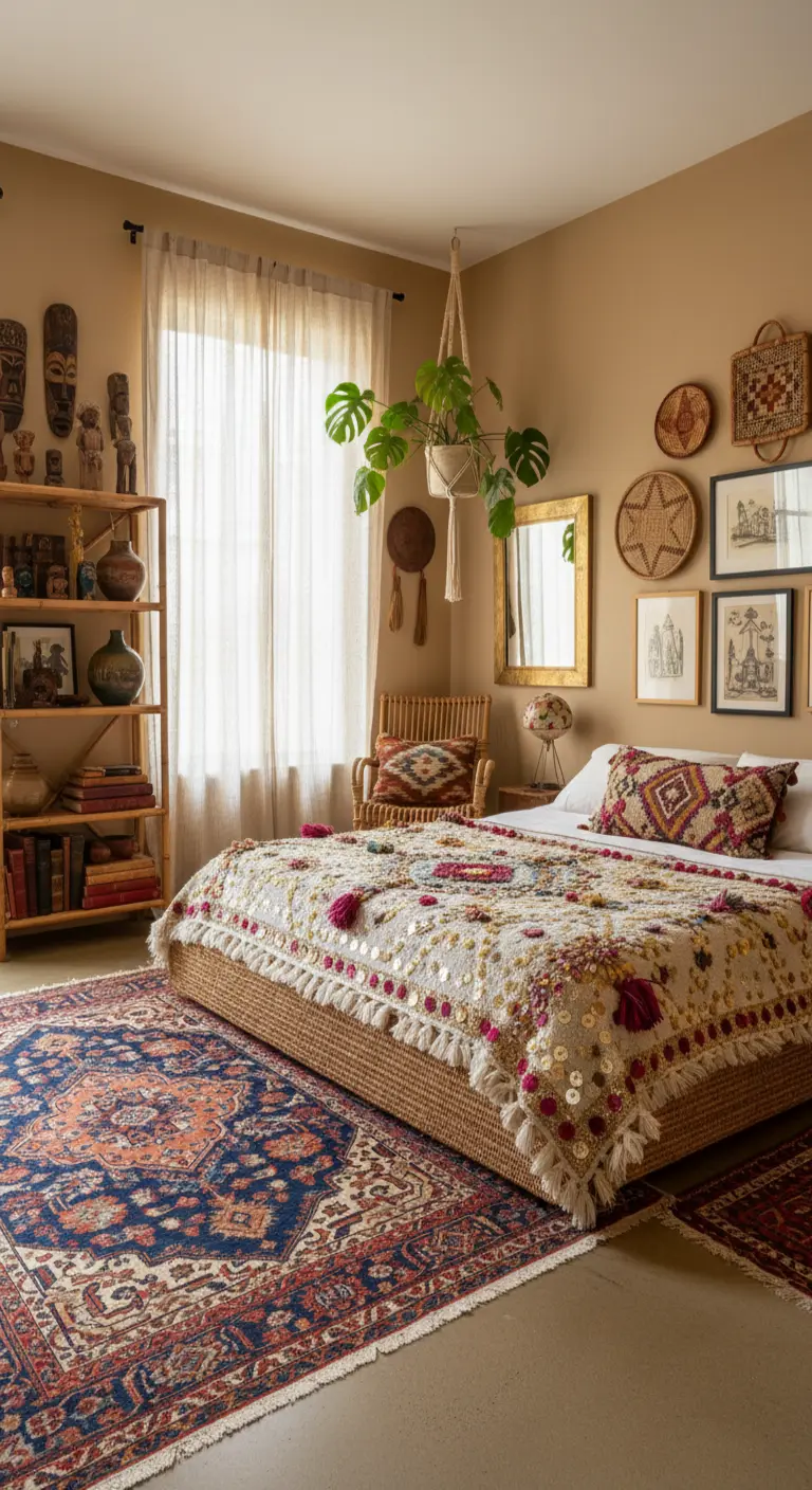 Camera da letto eclettica con maschere africane, tappeto persiano e letto intrecciato.
