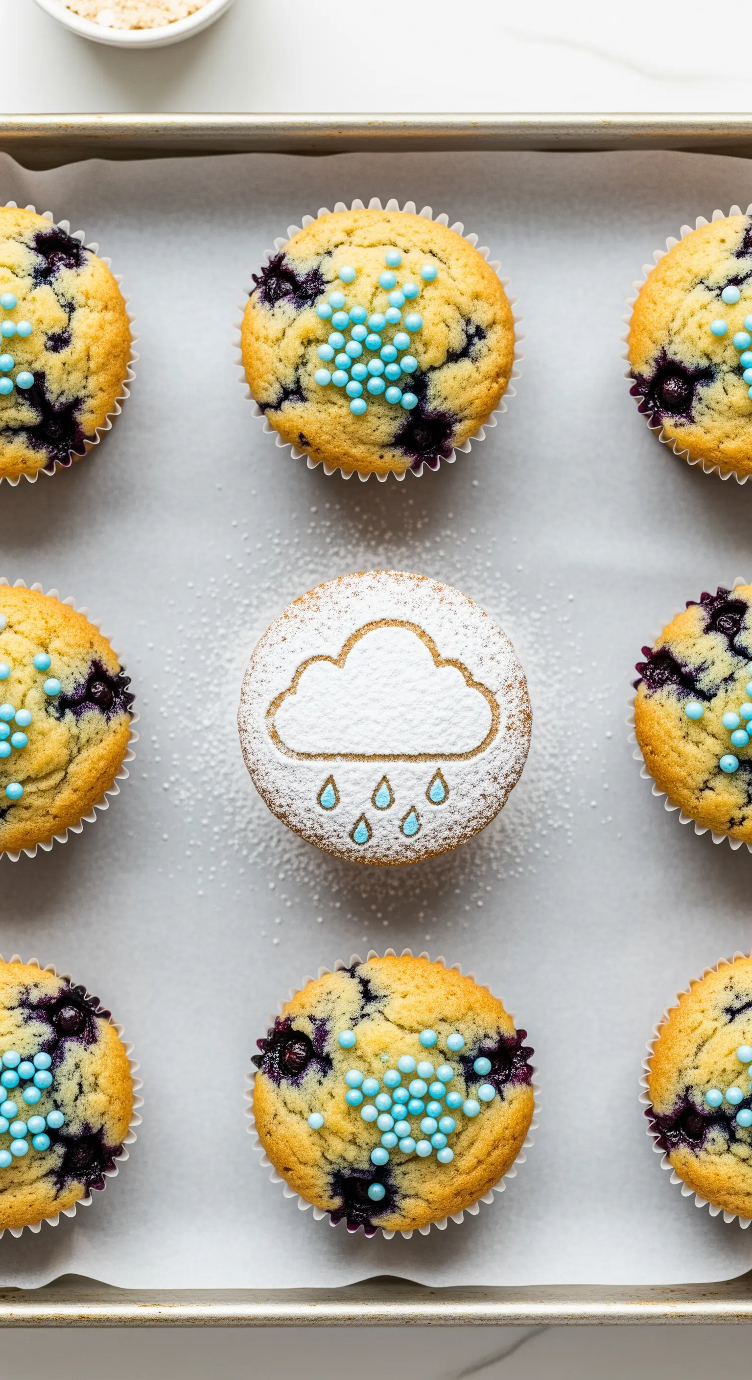 Muffin ai mirtilli decorato con una nuvola di zucchero a velo e gocce di pioggia blu.
