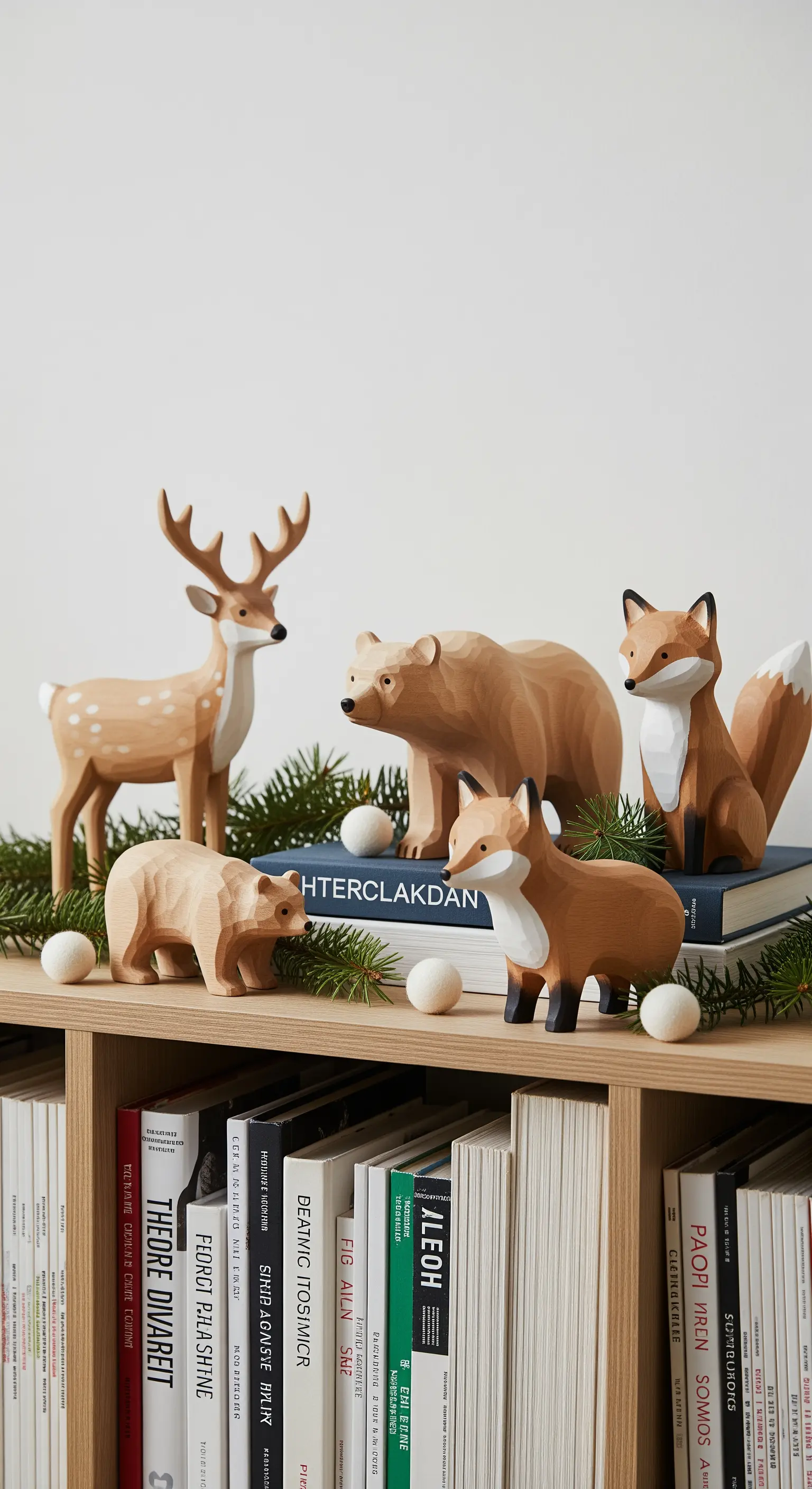 Animali del bosco in legno intagliato disposti su una libreria tra rami di pino.