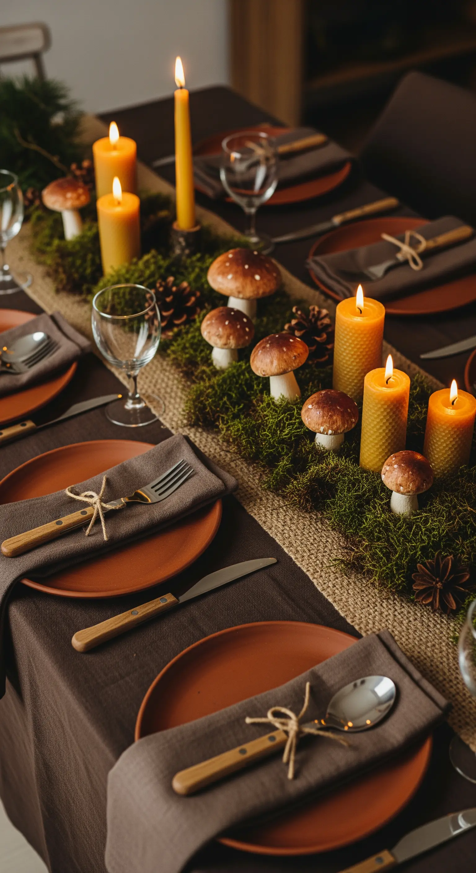 Tavola a tema bosco con runner di juta e muschio, funghi decorativi e candele di cera d'api.
