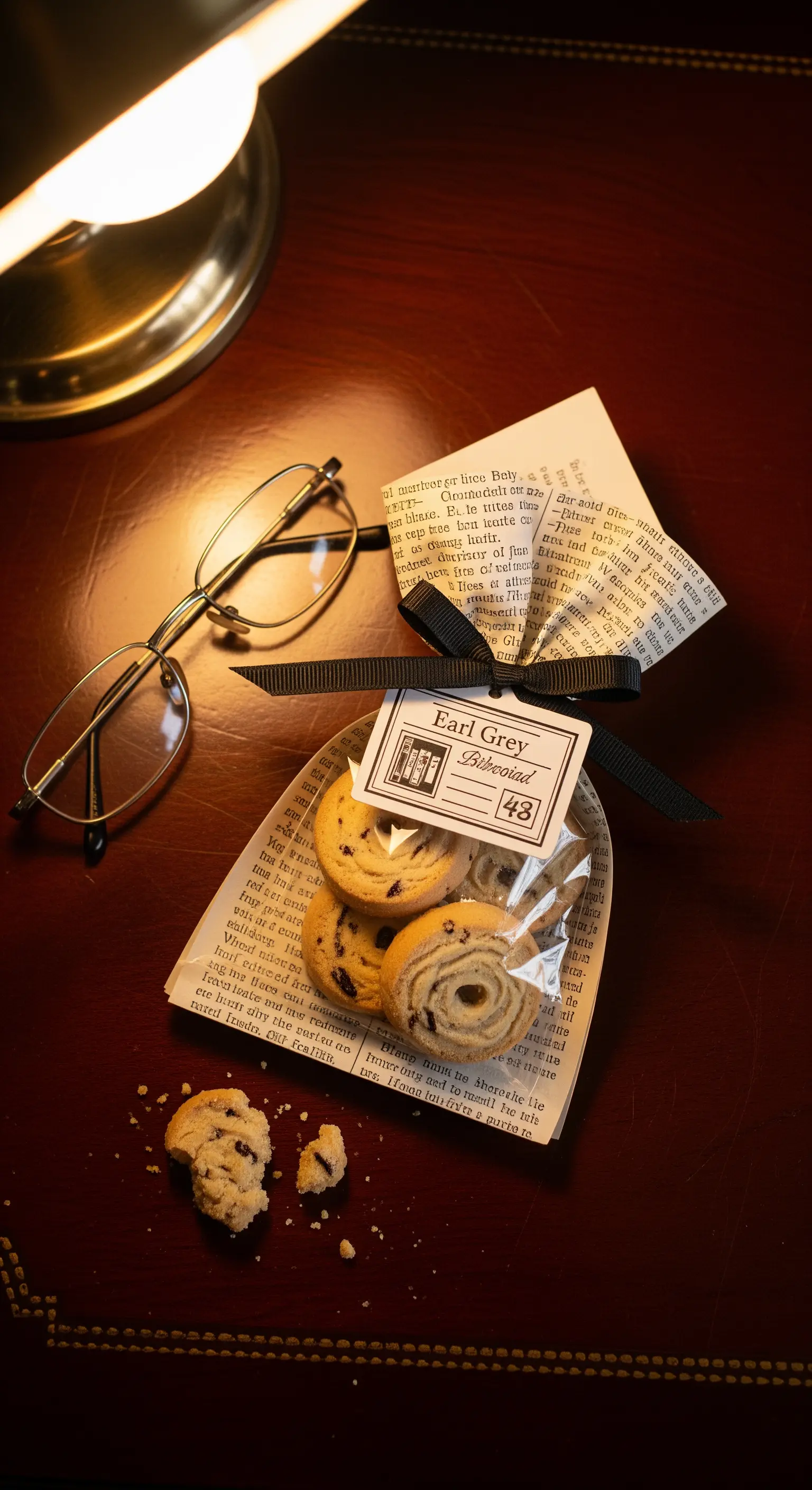 Sacchetto fatto con pagine di libro, contenente biscotti al tè e chiuso da un nastro nero.