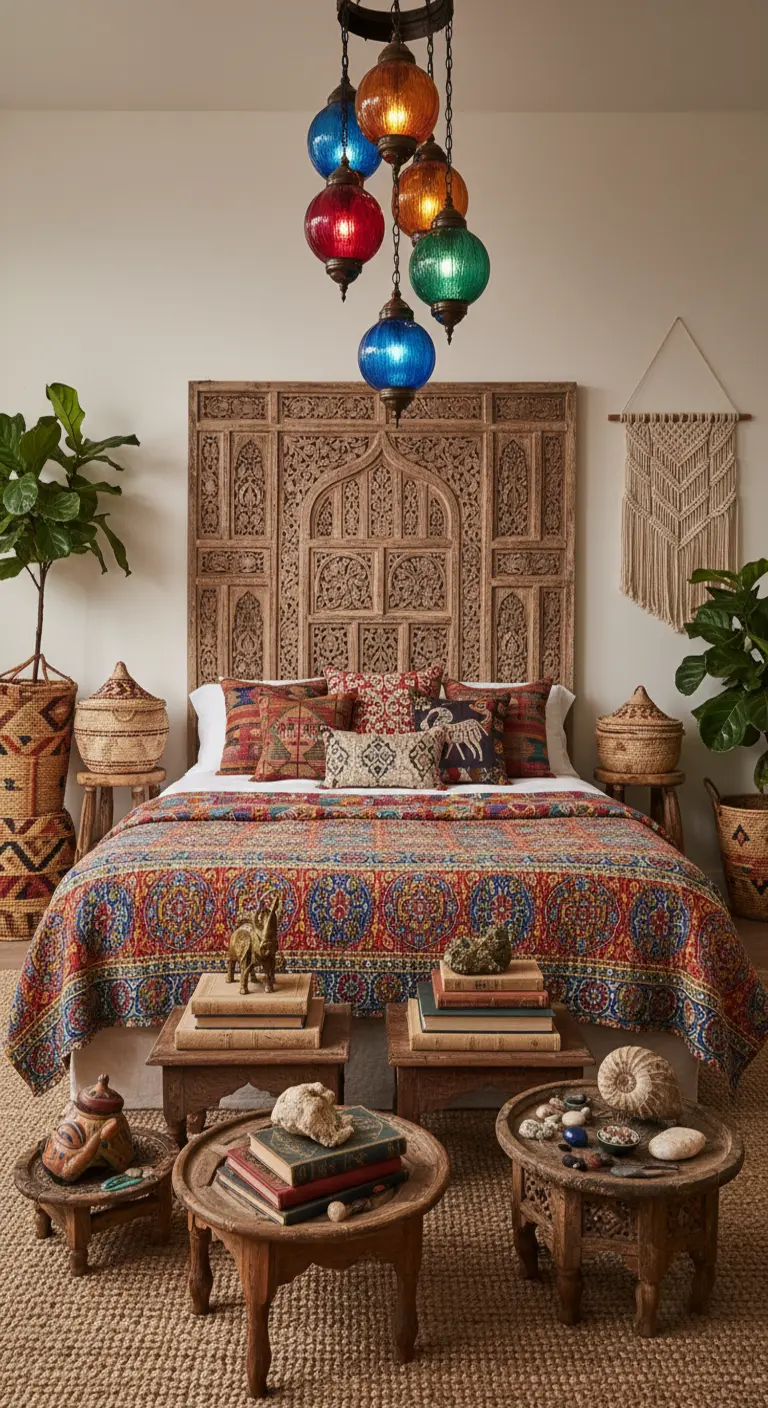 Testiera in legno intagliato con lampadario a grappolo di lanterne colorate.