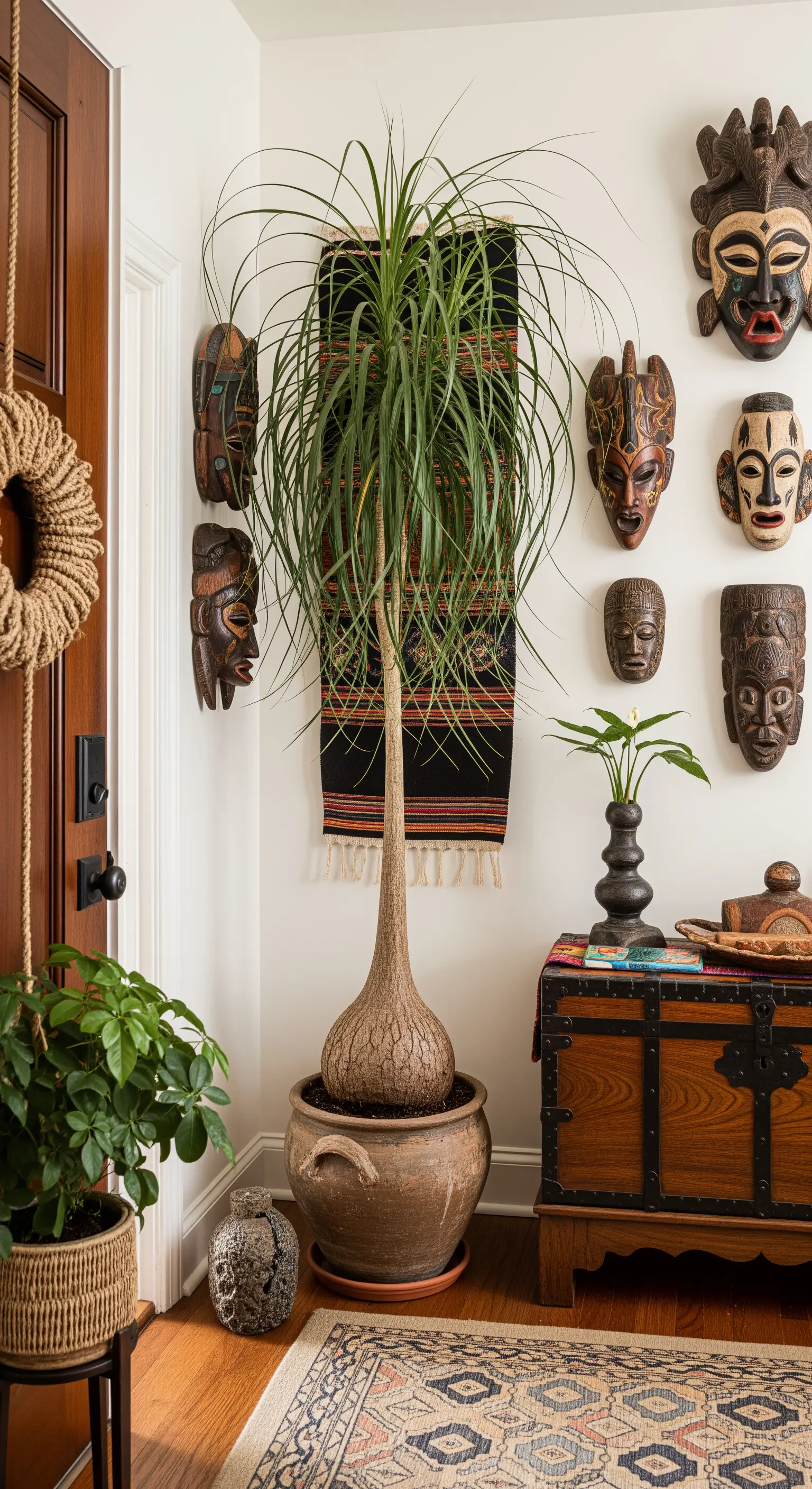 Palma a coda di cavallo in un vaso di terracotta, accanto a una parete decorata con maschere etniche.